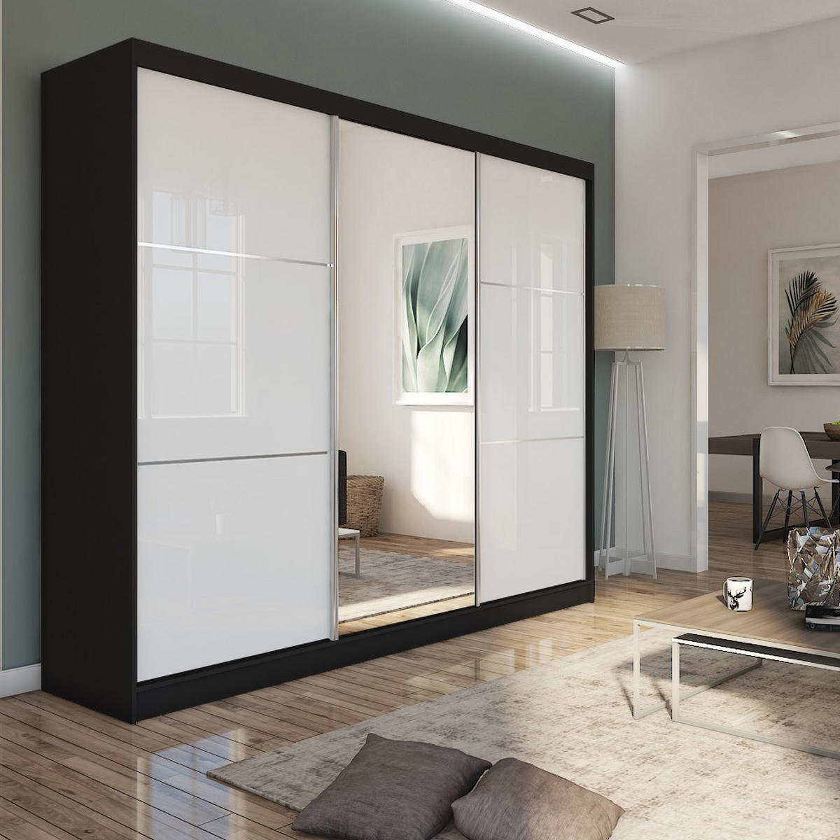 SCHWEBETÜRENSCHRANK VITALE 240/216/61 cm 3-türig mit Spiegel Schwarz - Schwarz/Weiß, Holzwerkstoff (240/216/61cm) - MASSENO