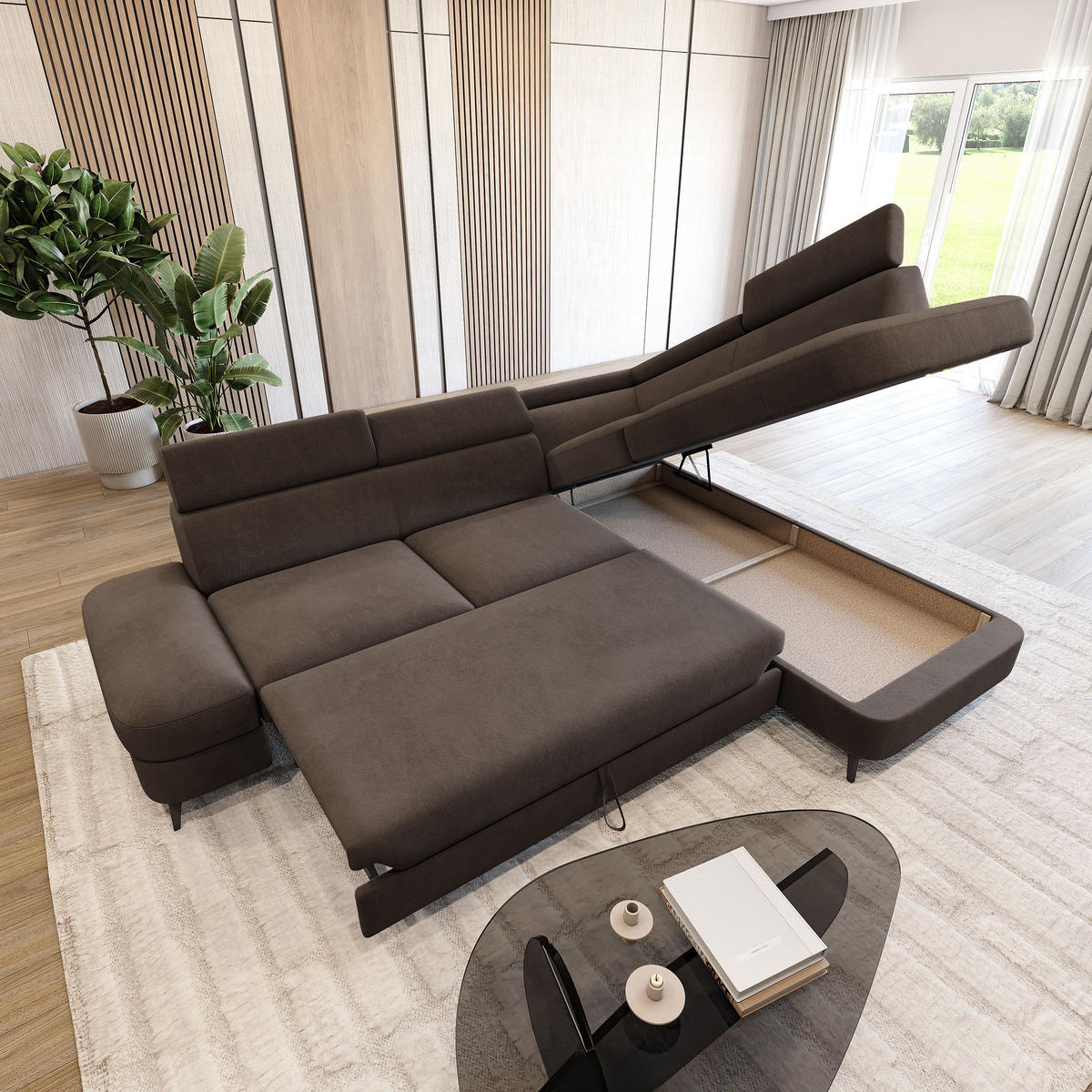 ECKSOFA AVISE MV R-S Braun Velours-Stoff mit Schlaffunktion - Braun, Holzwerkstoff/Textil (268/195cm) - MASSENO