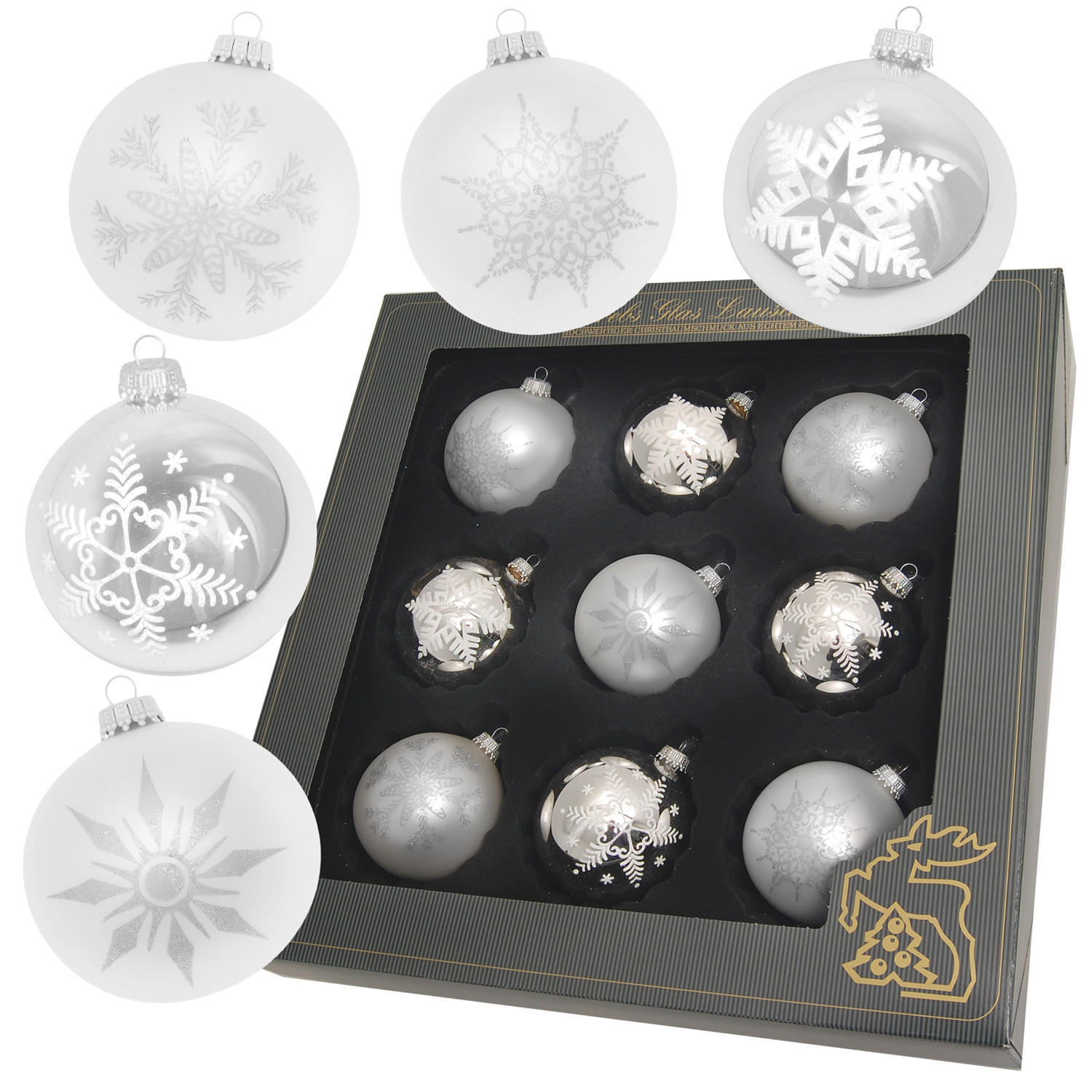 CHRISTBAUMKUGELN Set Schneeflocke Silberfarbig 8cm (Glas / 9 Stk.) - Silberfarben, Glas (8/8/8cm) - Krebs Glas Lauscha