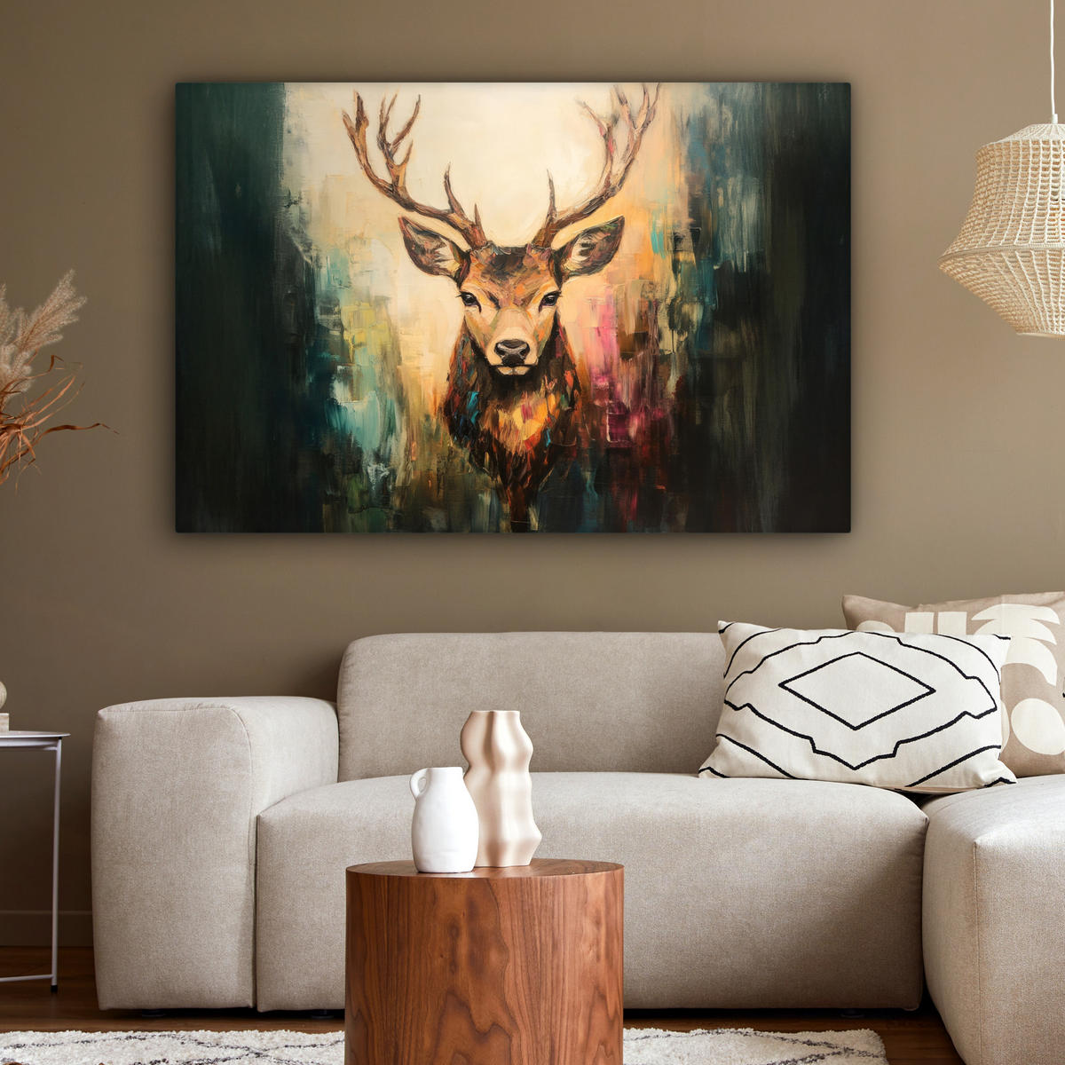 LEINWANDBILD Hirsch - Gemalt - Geweih - Braun Groß 140x90 cm - Haselnussfarben, Textil (140/90cm) - MuchoWow