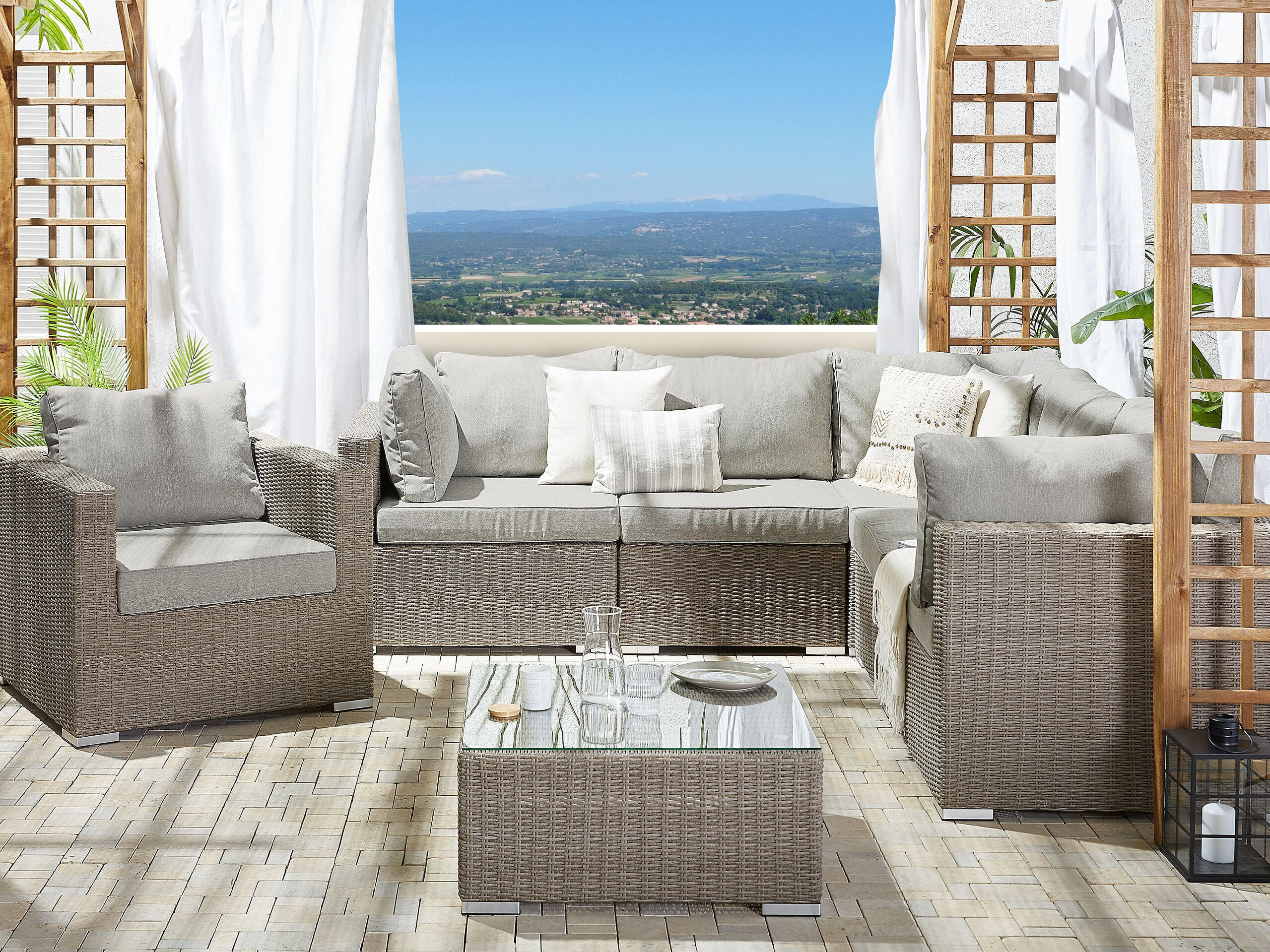 LOUNGE SET 6-Sitzer taupe rechtsseitig modular Auflagen hellgrau Contare - Taupe/Hellgrau, Kunststoff - Beliani