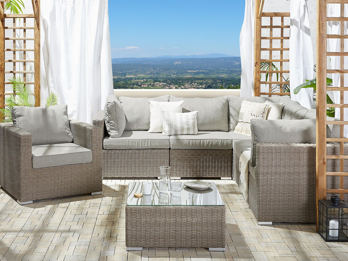 LOUNGE SET 6-Sitzer taupe rechtsseitig modular Auflagen hellgrau Contare - Taupe/Hellgrau, Kunststoff - Beliani