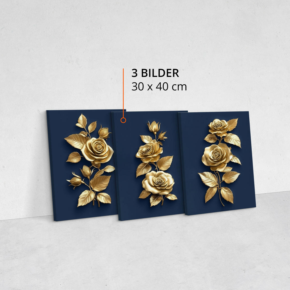 LEINWANDBILDER 3-es Set Rosen Blumen 3D - Blau, Textil (90/40cm) - Muralo