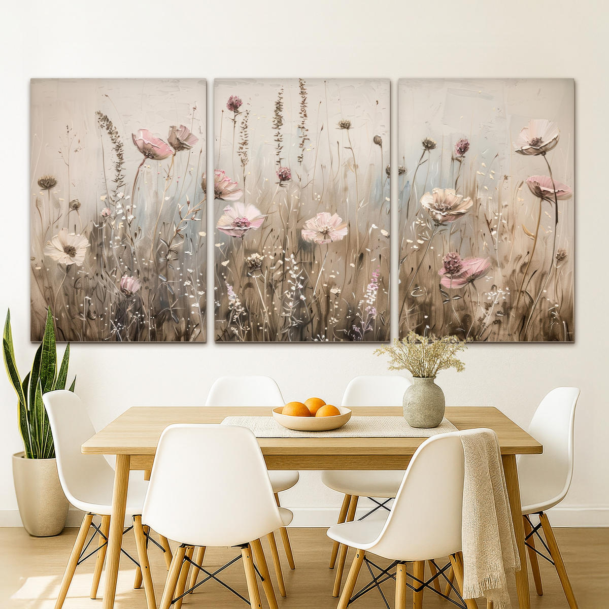 LEINWANDBILD 3er Set Blumen - Beige - Modern - Rosa 240x120 cm - Ecru, Textil (240/120cm) - MuchoWow