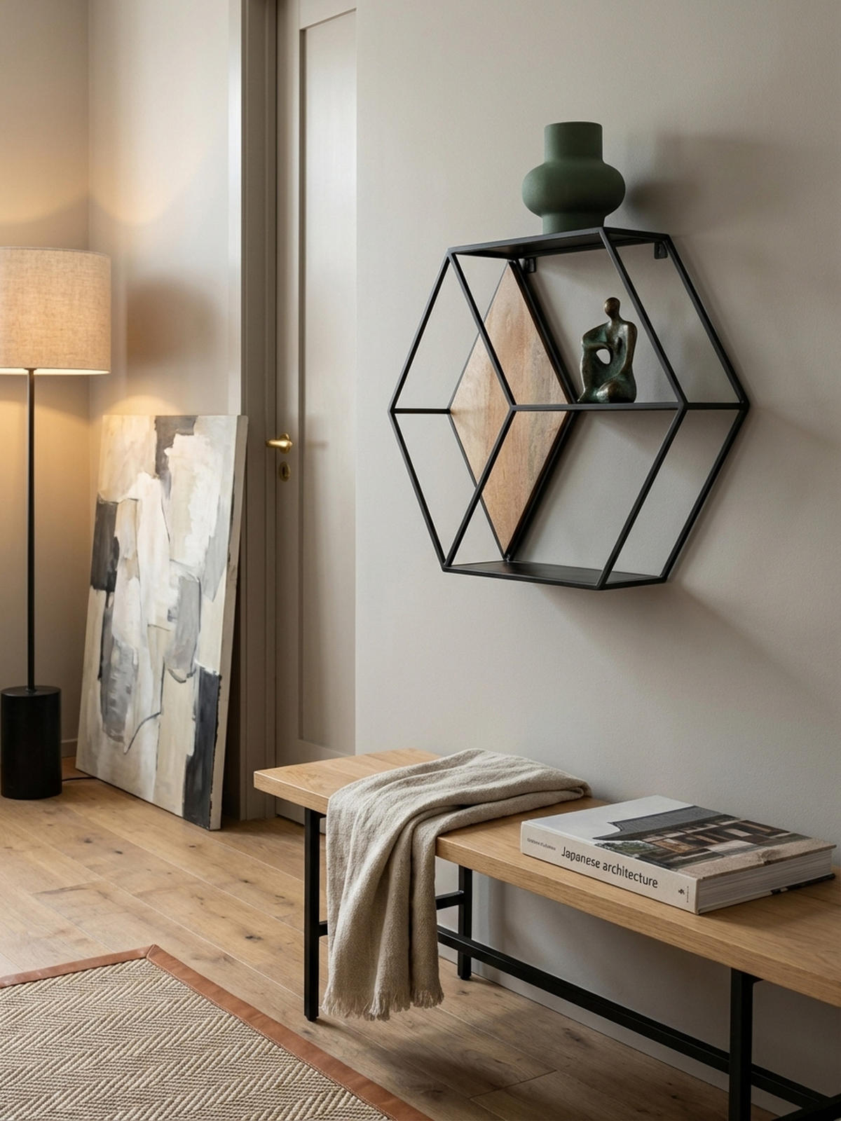 WANDREGAL Mango Massivholz Metall Industrial Stil 60x52x20 cm Sechseckig mit 3 Ablagen - Schwarz, Holz (60/52/20cm) - KADIMA DESIGN