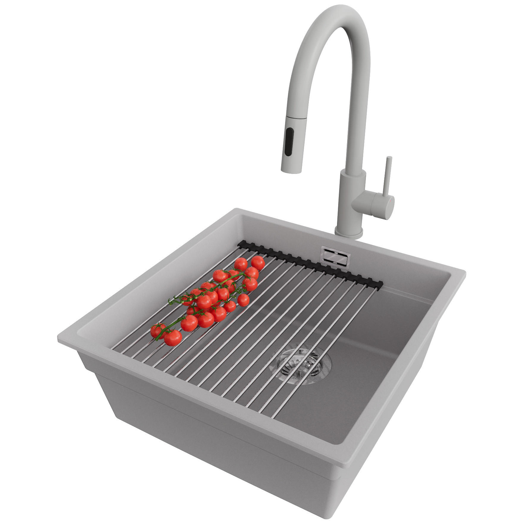 UNTERBAUSPÜLE GRANIT Praga, 2-er set Grau 46/47 cm 1 Becken + Küchenarmatur 40/20 cm + Ablauf-Set + Aufrollbare Abtropffläche ab 50er Unterschrank - Chromfarben/Grau, Kunststoff (46/20/47cm) - Primagran