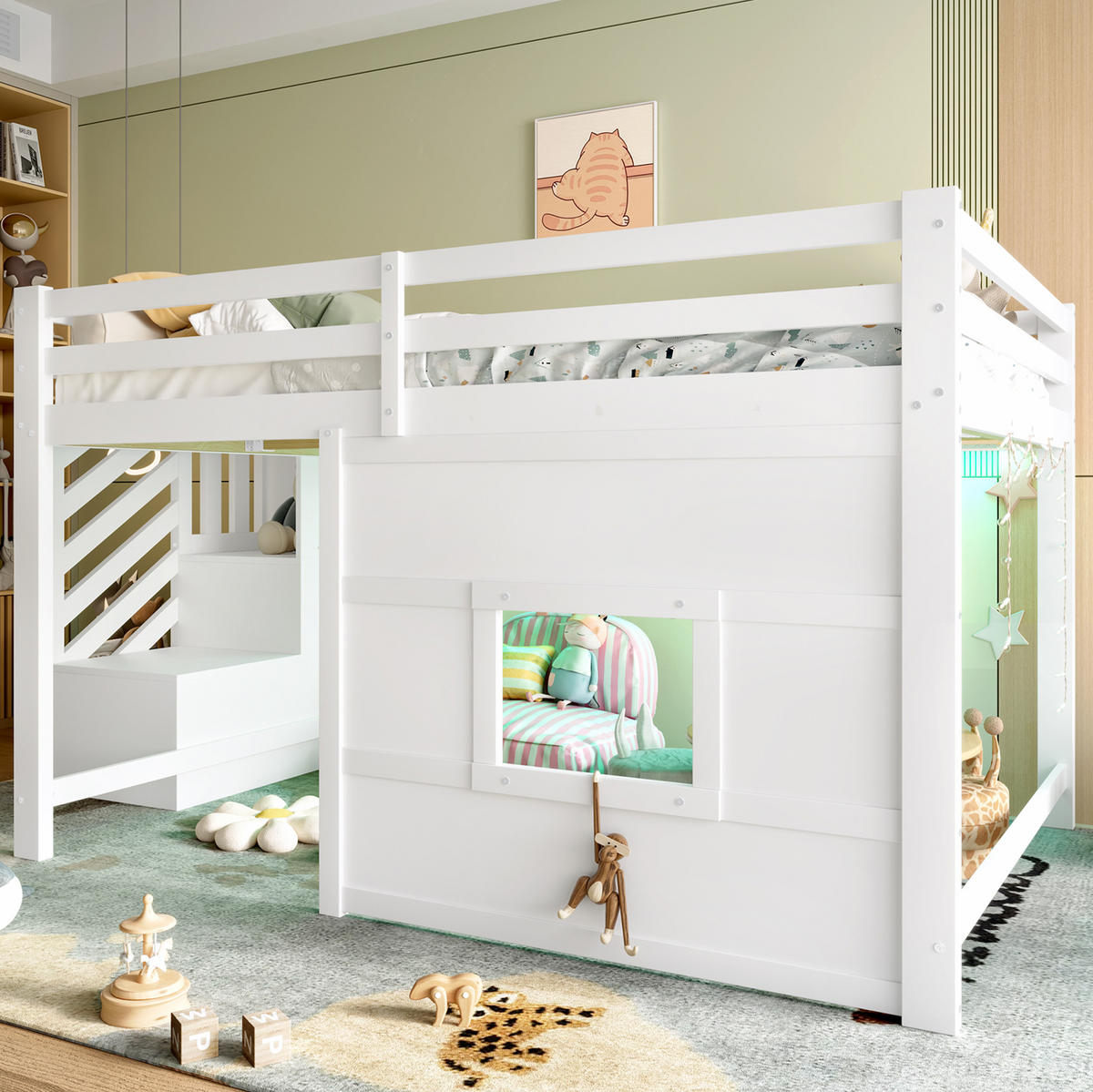 HOCHBETT 140/200 cm in Weiß – mit Stauraumtreppe, Fenster und Rausfallschutz - Weiß, Holzwerkstoff (140/200cm) - BEAOK