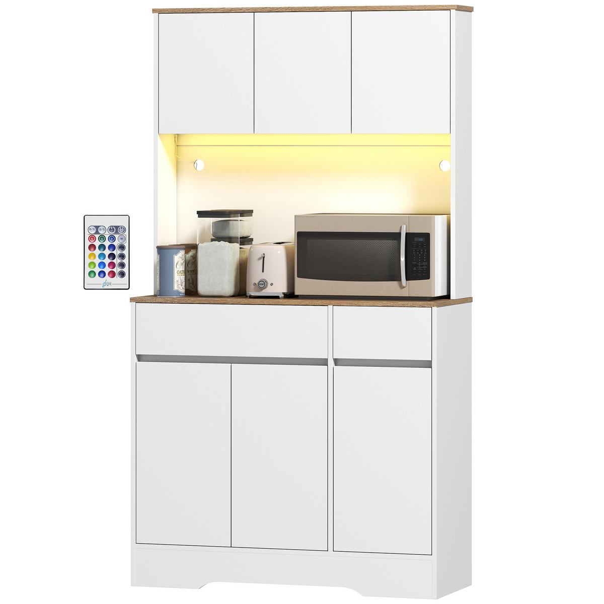 BUFFET DE-11308 LED-RGB, 6 Türen & 2 Schubladen mit Arbeitsplatte Weiß - Weiß, Holzwerkstoff (38/180/100cm) - ComfortXL