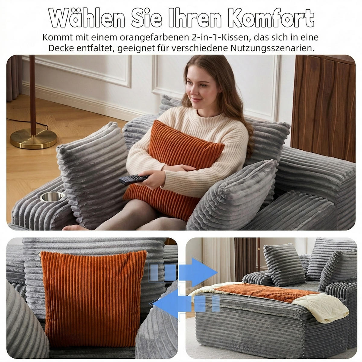 SCHLAFSOFA 165/112/63 cm Grau mit Chaiselongue, 3 Kissen und 1 Decke - Grau, Textil (112/63/165cm) - Oxeza