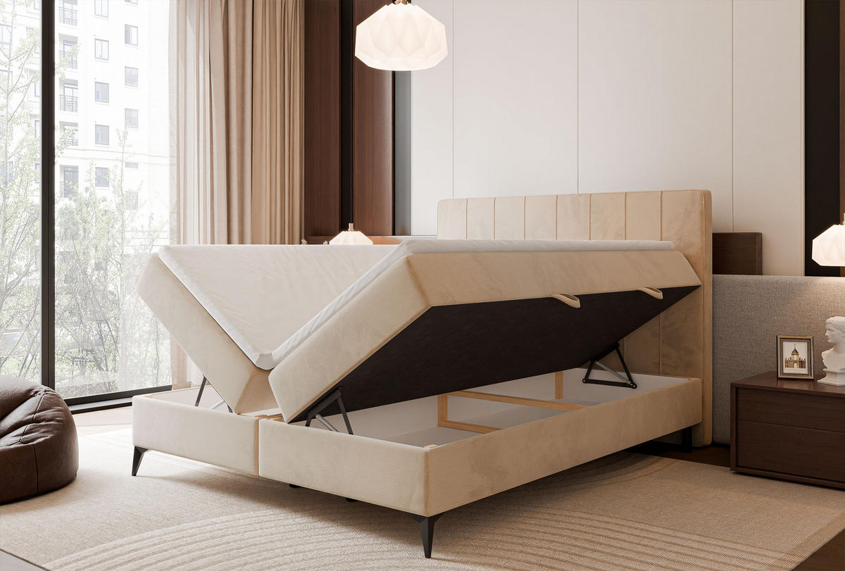 BOXBETT VERA 120x200 cm mit Matratze und Topper, Dichter wasserabweisender Samt Hellbeige - Beige, Textil (120/200cm) - Idohome
