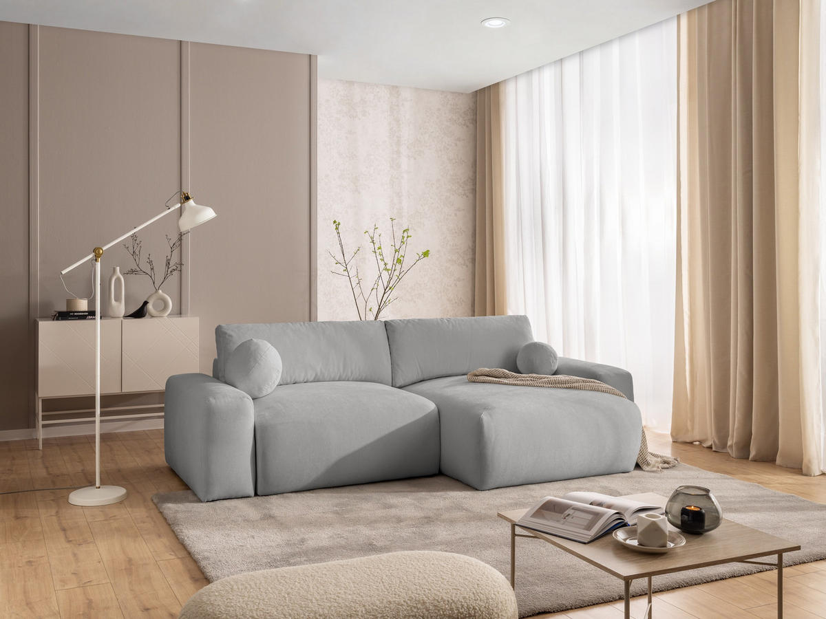 ECKSOFA Puffy mit Schlaffunktion und Bettkasten - besonders weich und puffig aus Grau Webstoff - Ottomane rechts - Schwarz/Grau, Holz/Kunststoff (266/138cm) - S-Style Möbel