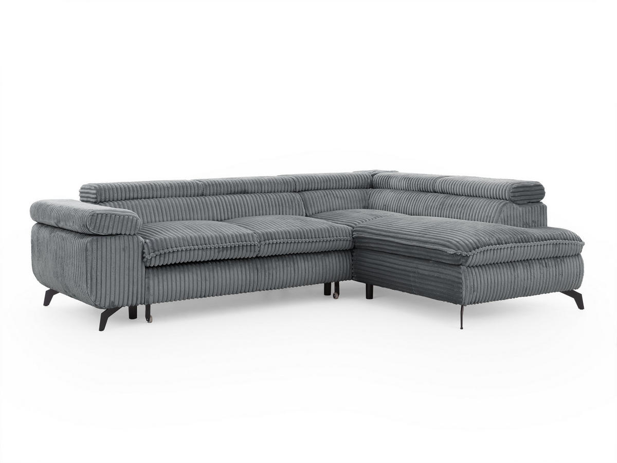 ECKSOFA mit Schlaffunktion und Bettkasten Bonnie aus Grau Cord-Stoff mit verstellbaren Kopfstützen und Armlehne - Ottomane rechts - Schwarz/Grau, Holz/Textil (275/210cm) - S-Style Möbel