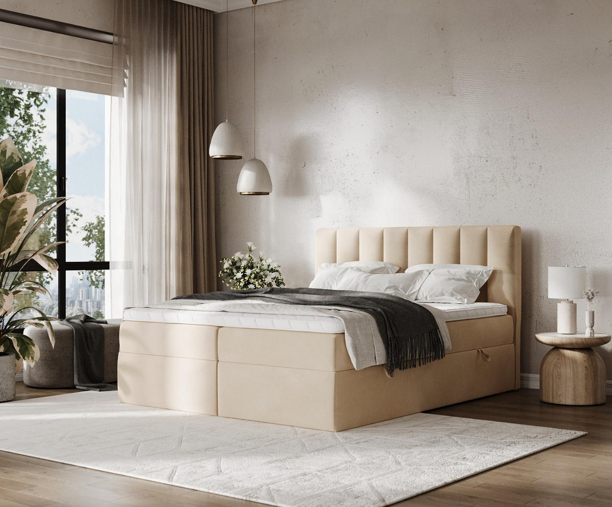 BOXBETT Bari 160/200 cm Beige im Kronos Stoff - Beige, Holz/Holzwerkstoff (160/200cm) - AltaBeds