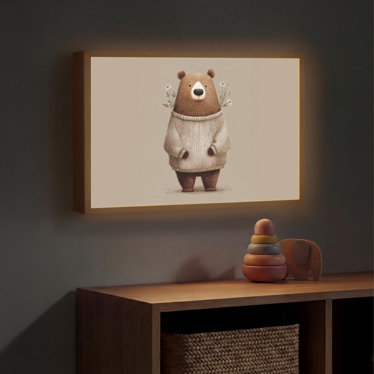 DOBÍJECÍ NOČNÍ LAMPIČKA Medvěd - Bílé květy - Cosy 60x40 cm - šedohnědá, kompozitní dřevo (8/60/40cm) - OnlyWow