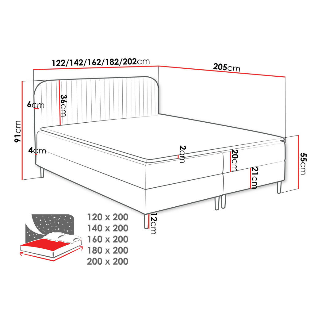 Thumbnail - Mirjan24 Boxbett, Schwarz, Textil, H3, Höhe ca. 20 cm, Rechteckig, 200x200 cm, Schlafzimmer, Betten, Boxspringbetten