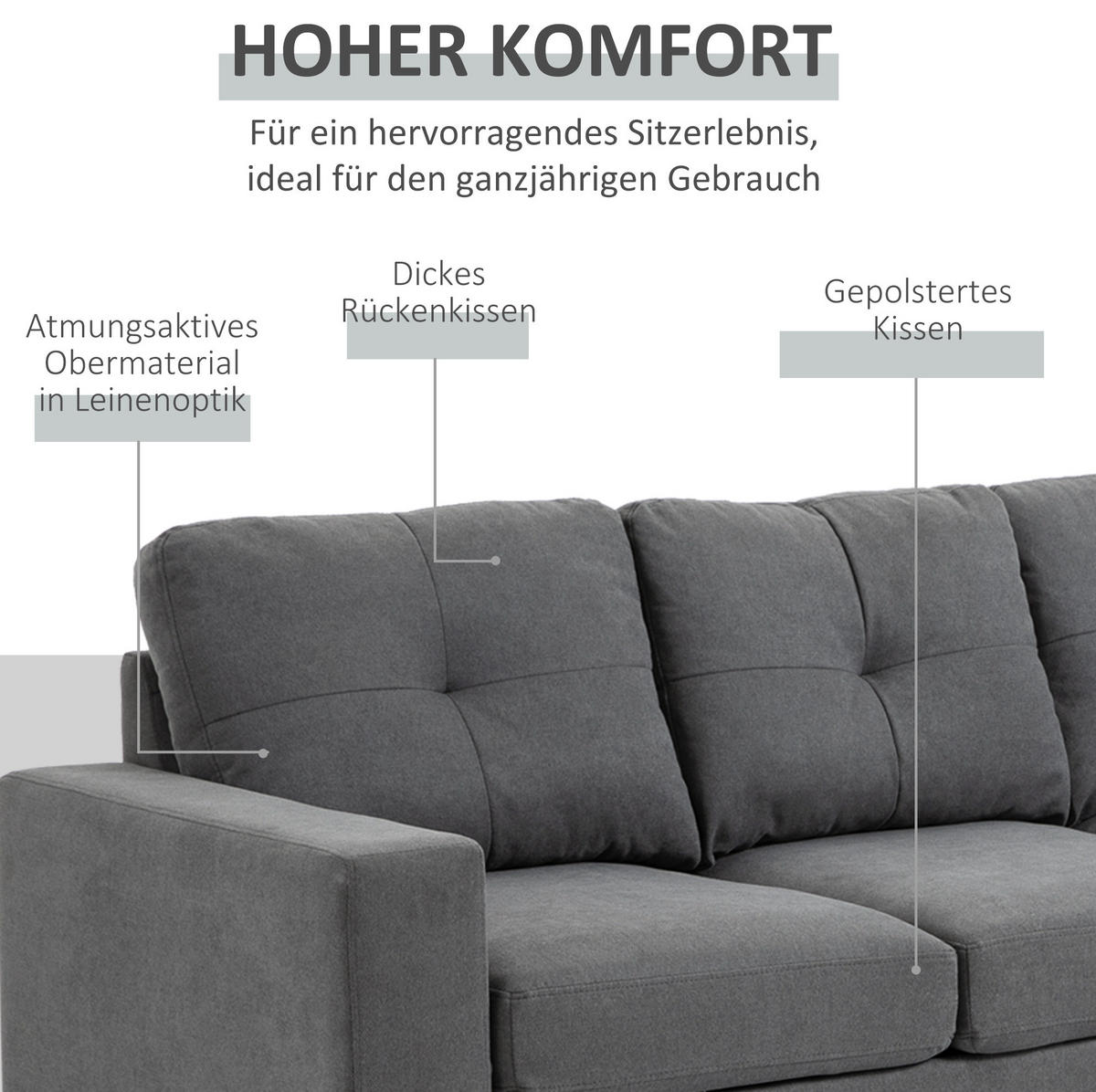 ECKSOFA aus Leinen 193x136x85 cm in Grau mit Chaiselongue - Grau, Textil (136/193cm) - Modfu