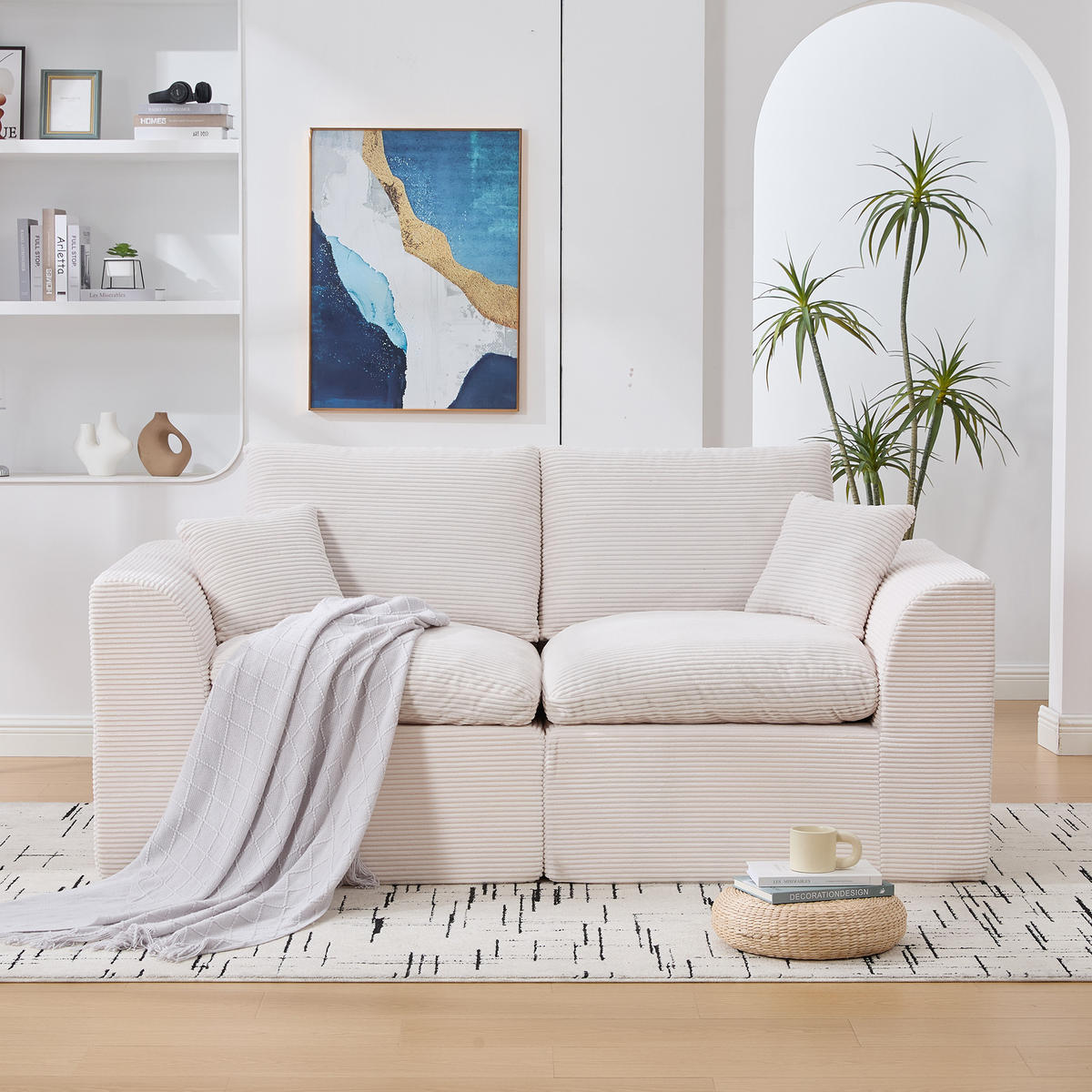 2-SITZER SOFA Cord Beige mit Kissen - Beige, Textil (204/84/102.5cm) - WISHDOR