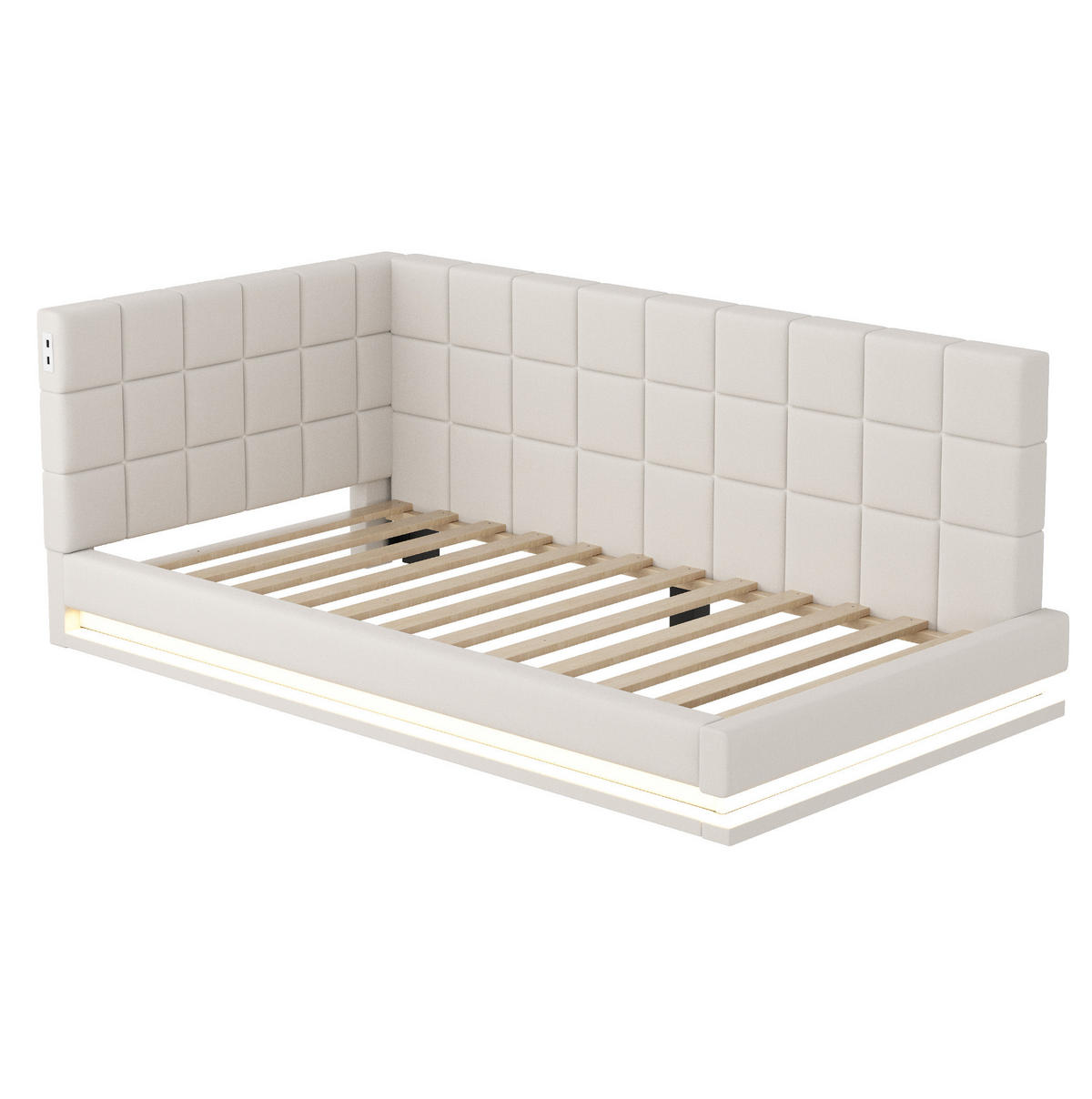 POLSTERBETT 90/200 cm Beige aus Leinen mit LED-Lichtleiste und USB-Steckdose - Beige, Textil (90/200cm) - OKMYHOME
