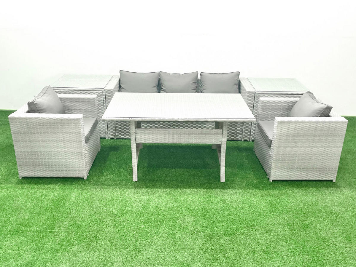 GARTENMÖBEL SET mit Sofa,2 Beistelltischen Polyrattan Hellgrau 5-Sitzer - Hellgrau/Grau, Glas/Kunststoff - Fimous