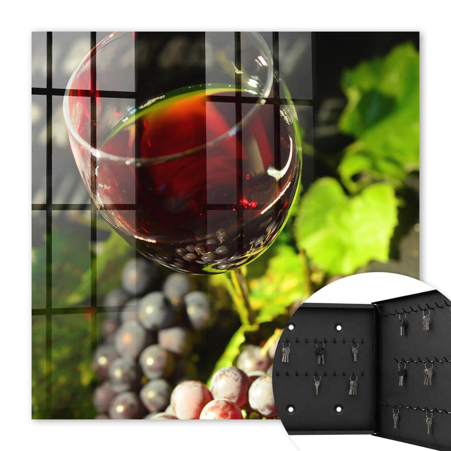 SCHLÜSSELBOX Schwarz 30x30 cm- Türöffnung nach rechts - Trauben und Wein - Rot, Metall (30/30/5cm) - TULUP