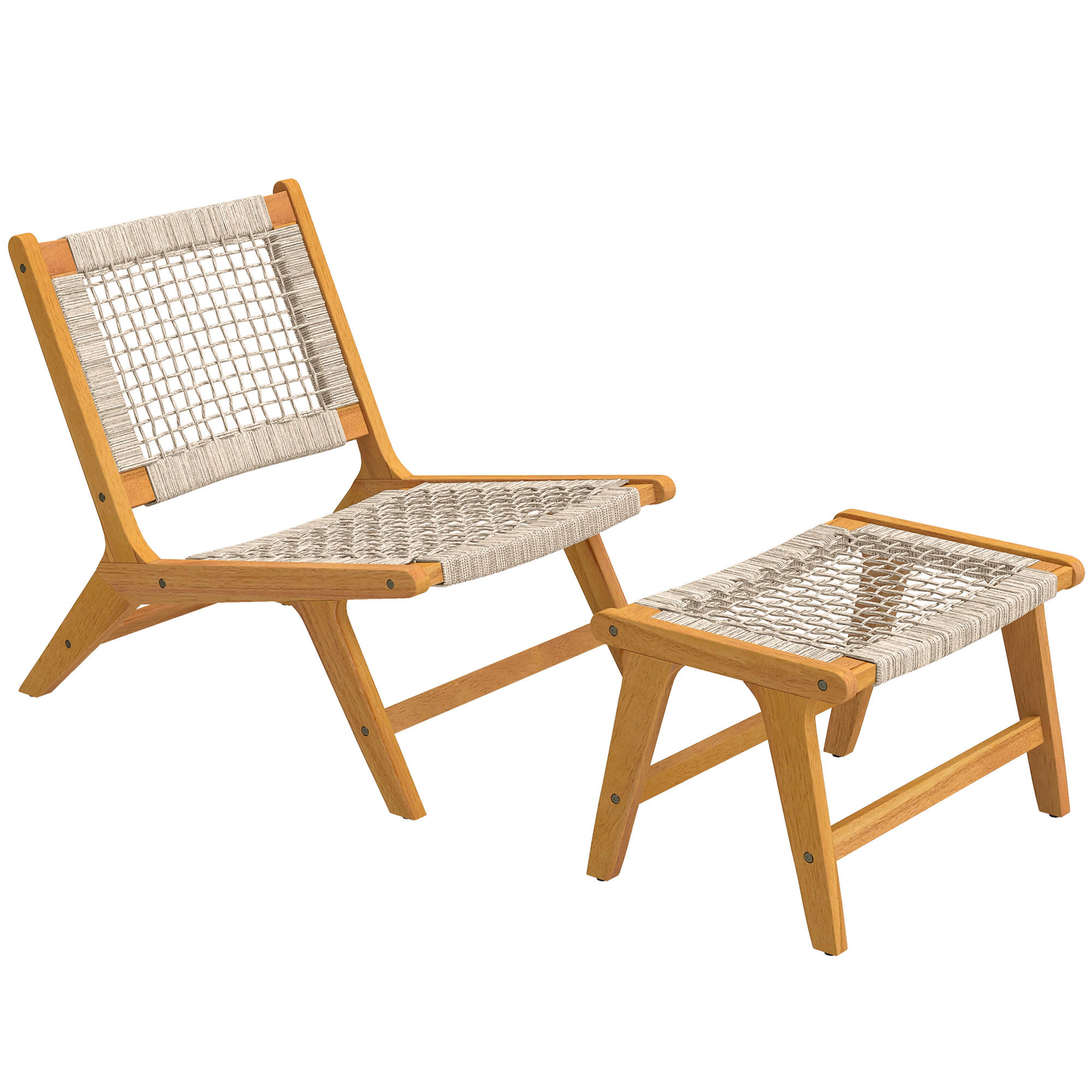 SESSEL-SET DE-07599 2-teilig, mit Fußhocker aus Akazienholz und Rattan-Sitz Natur - Beige, Holz/Kunststoff (60/73.5/83cm) - ComfortXL