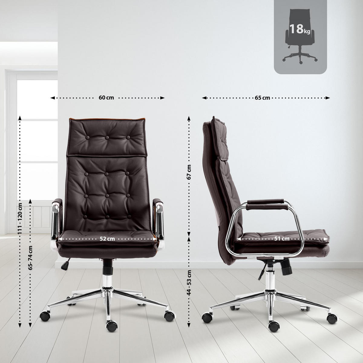 CHEFSESSEL Echtleder Braun - Chromfarben/Braun, Leder/Metall (60/111/65cm) - CLP