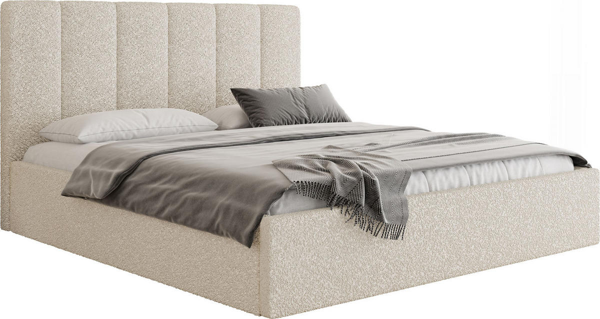 POLSTERBETT Amira Slim mit Bettkasten, Creme Boucle 200x200 cm - Birkefarben/Schwarz, Holz/Holzwerkstoff (200/200cm) - WFL GROUP