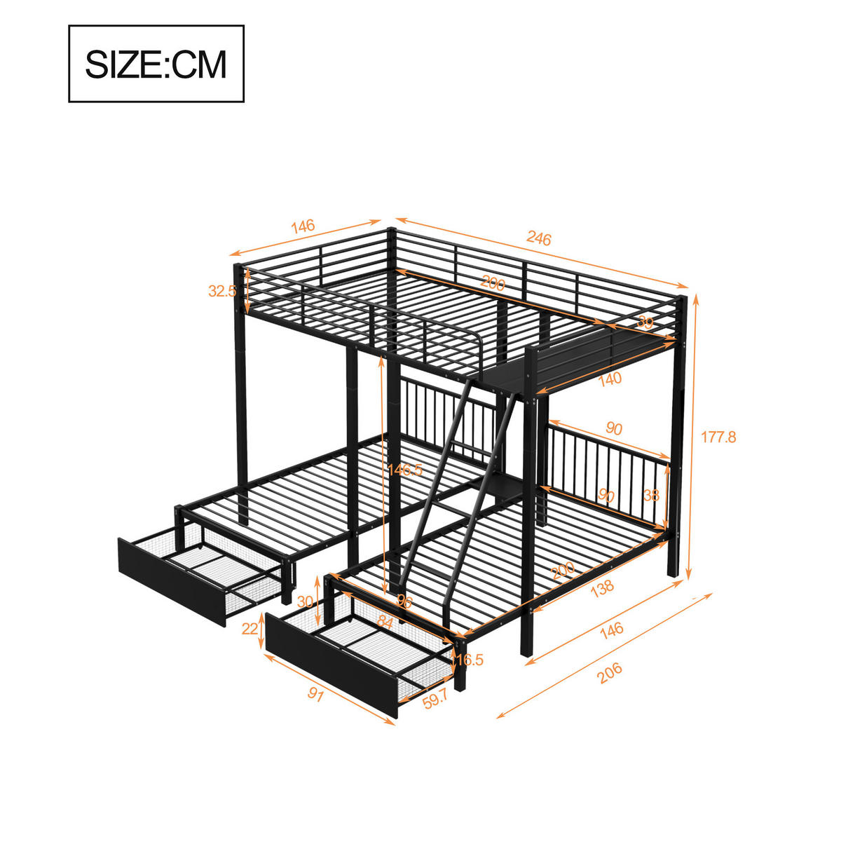ETAGENBETT 140/200 & 2x 90/200 cm in Schwarz aus Metall mit Schubladen - Schwarz, Metall (140/200cm) - OKMYHOME
