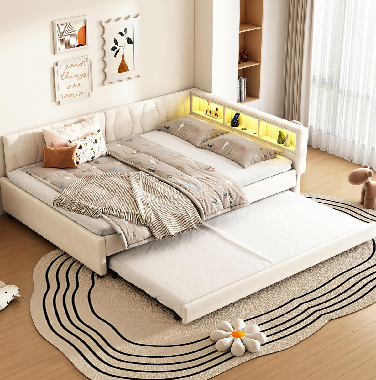 POLSTERBETT aus Leinen 140x200 cm in Beige mit LED & USB-C - Beige, Textil (140/200cm) - Modfu