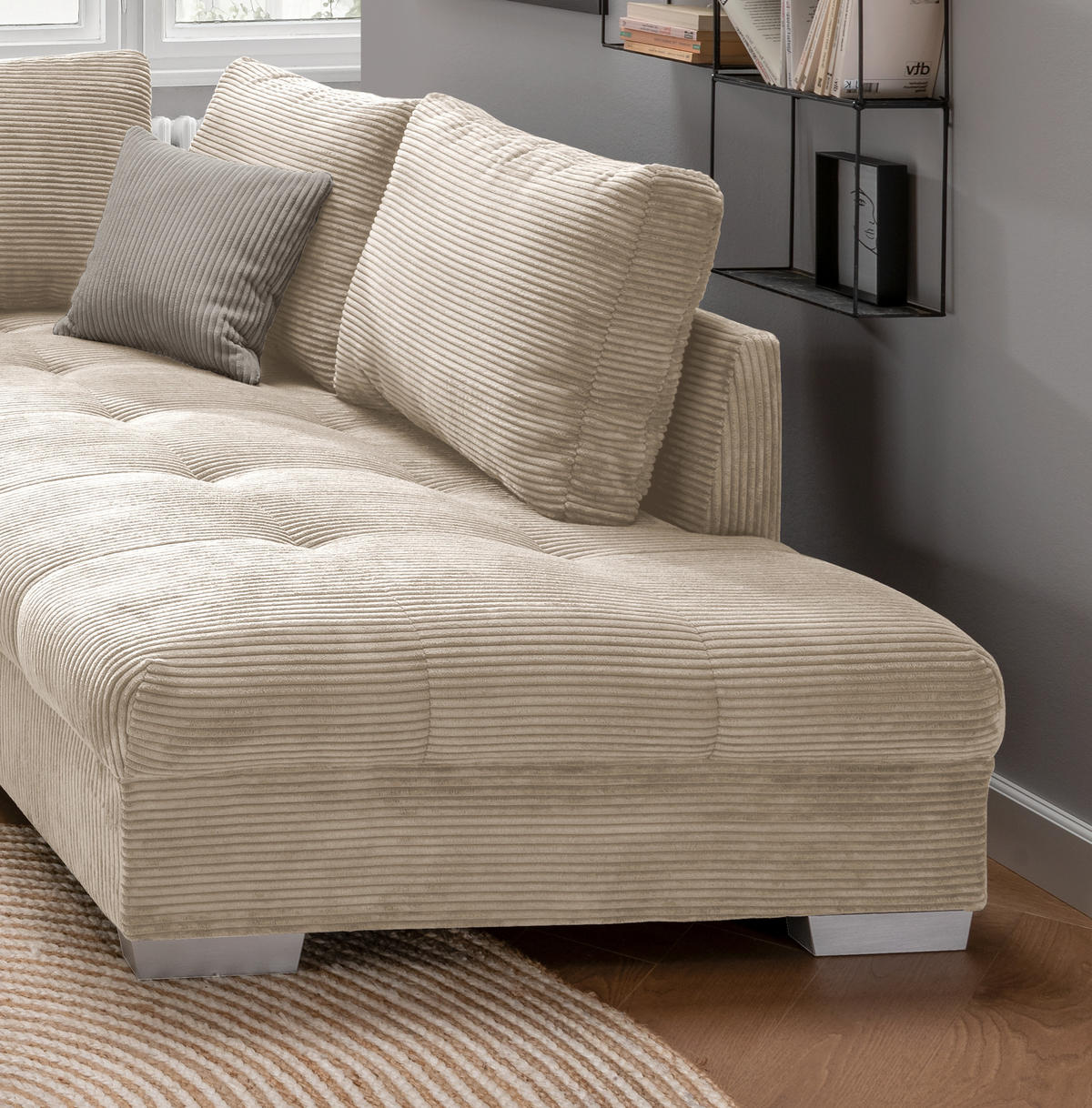 ECKSOFA mit Schlaffunktion, Wellenunterfederung, Ottomane rechts B298/T202/H84 cm, Liegefl. 154x227 cm, Cord Beige / 17203 - Beige/Silberfarben, Holz/Textil (298/202cm) - luma-home
