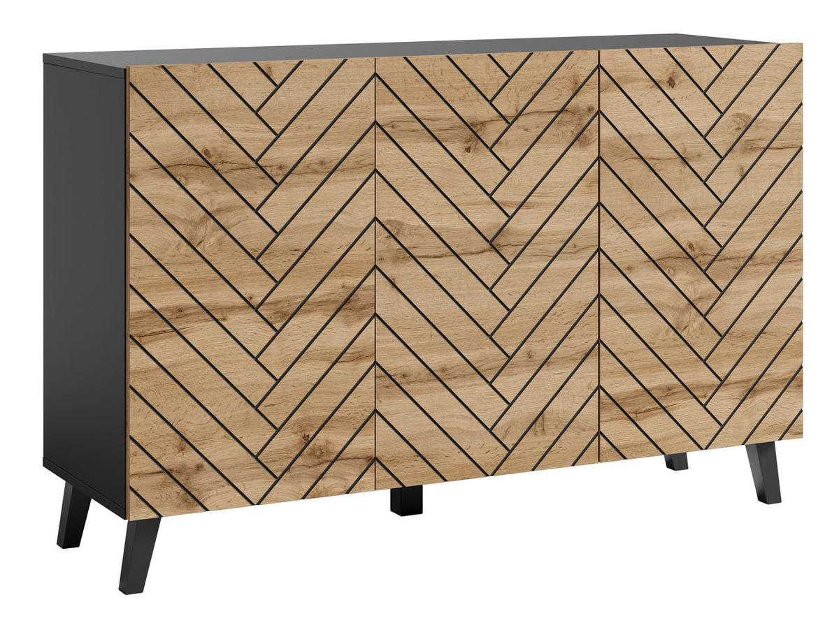 KOMMODE Phuket Graphit Schwarz / Wotan Eiche, Fischgrätenmuster 120 / 39 / 76 cm - Eiche Wotan/Schwarz, Holz/Holzwerkstoff (120/76/39cm) - Feldmann-Wohnen