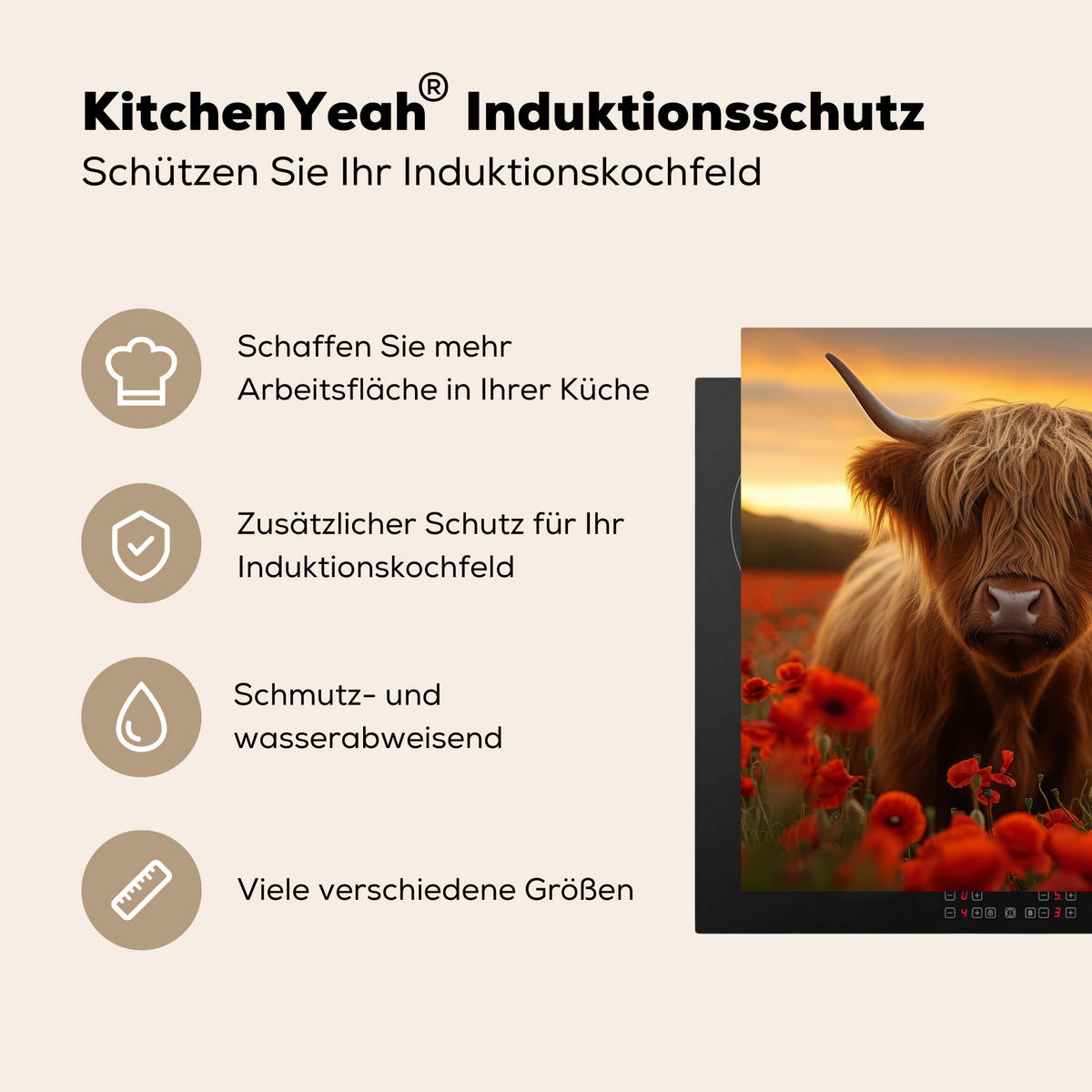 HERDABDECKPLATTE Schottische Highlander - Rosen - Blumenfeld - Sonnenuntergang Induktionsmatte 78x78 cm - Rotbraun, Kunststoff (78/78/0.2cm) - MuchoWow