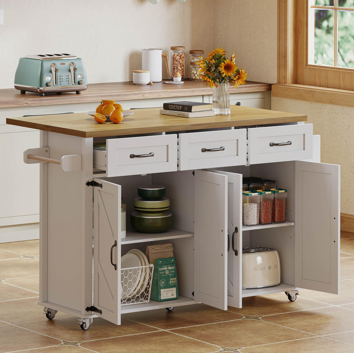 KÜCHENINSEL 140/90,5/43(70) cm Weiß/Natur aus MDF mit klappbarer Arbeitsplatte - Weiß, Holzwerkstoff (70/90.5/140cm) - OKMYHOME