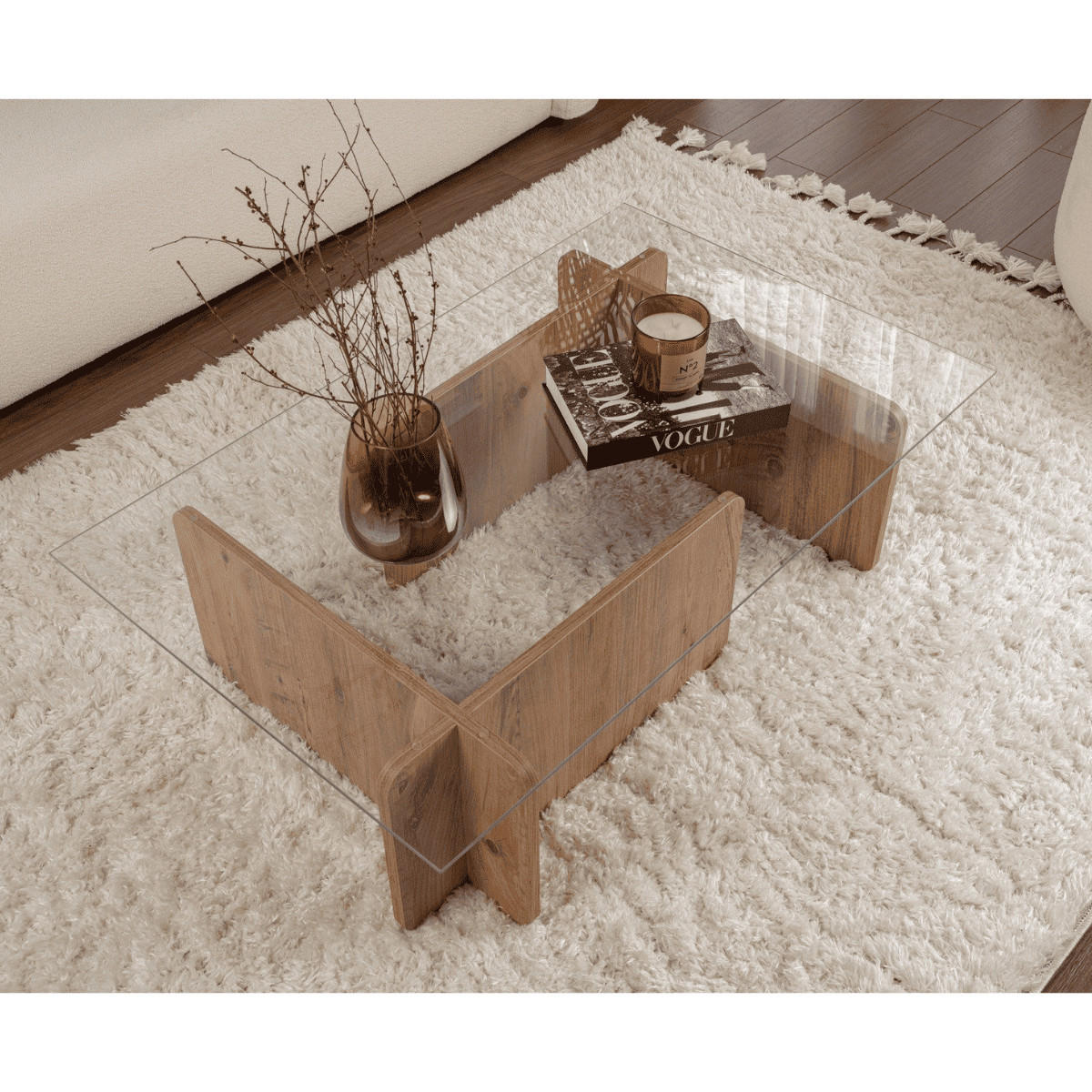 COUCHTISCH mit Tischplatte aus gehärtetem Glas 105/65/30 cm - Kieferfarben, Holzwerkstoff (110/65/30cm) - Calicosy