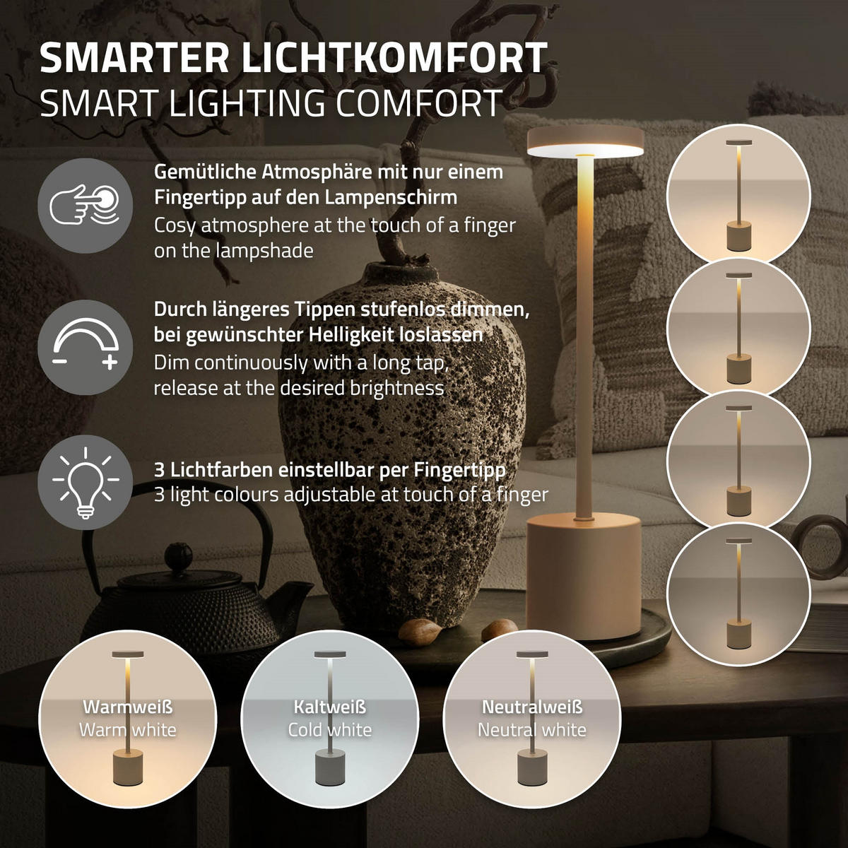 LED TISCHLAMPE kabellos Touch Creme Ø8x34,5cm 3 Lichtfarben Dimmbar - Creme, Kunststoff (8/8/34.5cm) - ML-DESIGN