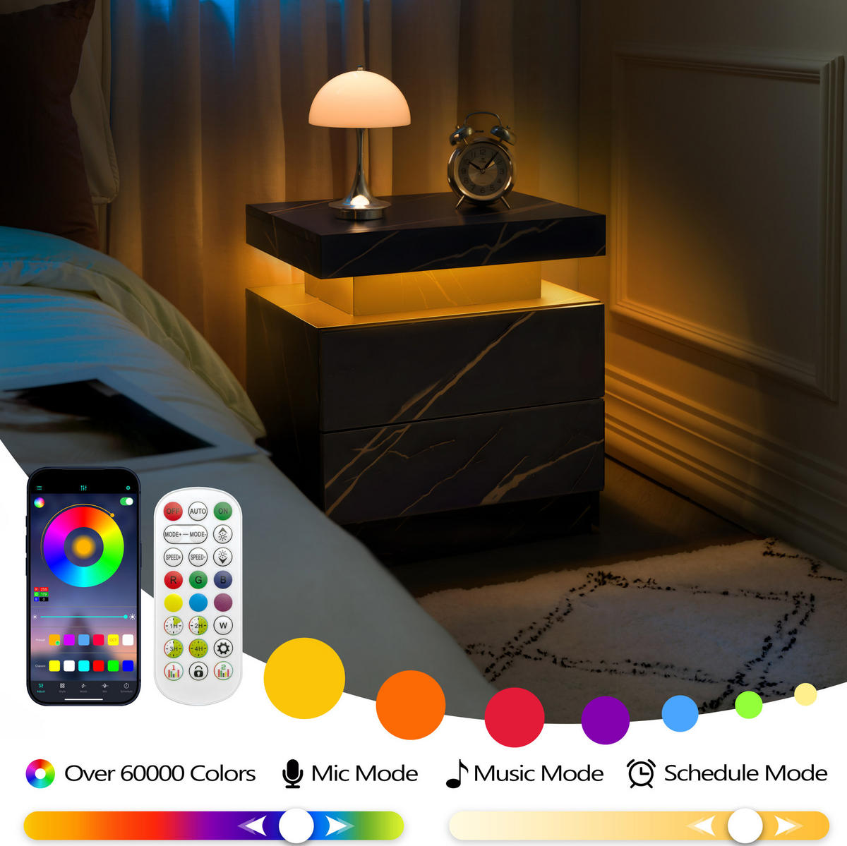 NACHTTISCH 50/53/36 cm cmschwarz/gold aus Holzwerkstoff mit LED-Beleuchtung und 2 Schubladen - Schwarz, Holzwerkstoff (53/36/50cm) - OKWISH