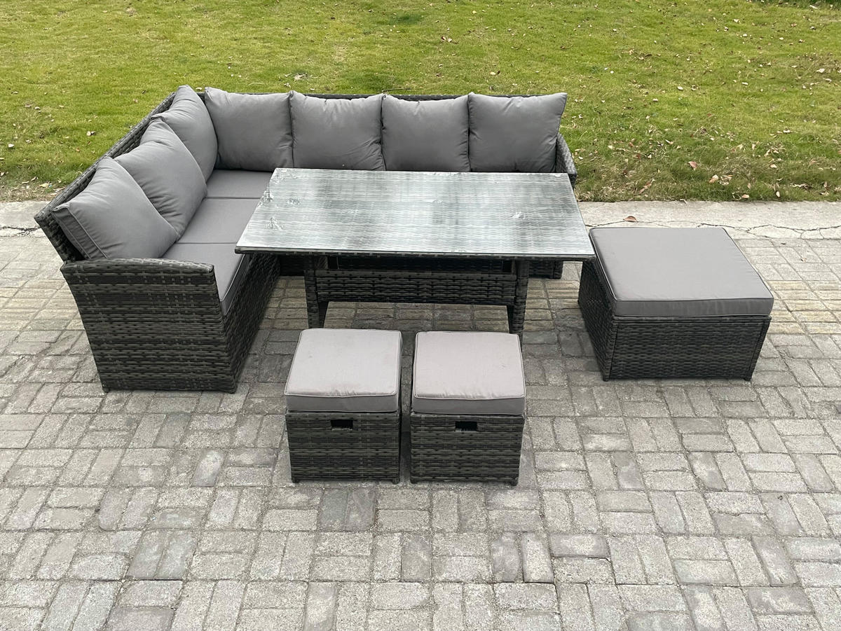 SITZGRUPPE mit Esstisch,3 Fußhocker Polyrattan Dunkelgrau 9-Sitzer - Dunkelgrau/Grau, Glas/Kunststoff - Fimous