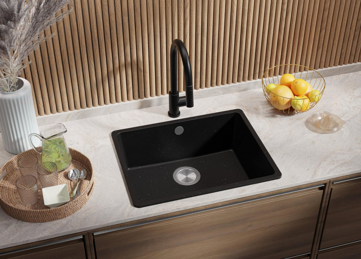 SPÜLBECKEN Venedig Slim Easy, 2-er set Schwarz Metallic 56/44 cm 1 Becken + Ablauf-Set ab 60er Unterschrank - Chromfarben/Schwarz Hochglanz, Kunststoff (56/20/44cm) - Primagran