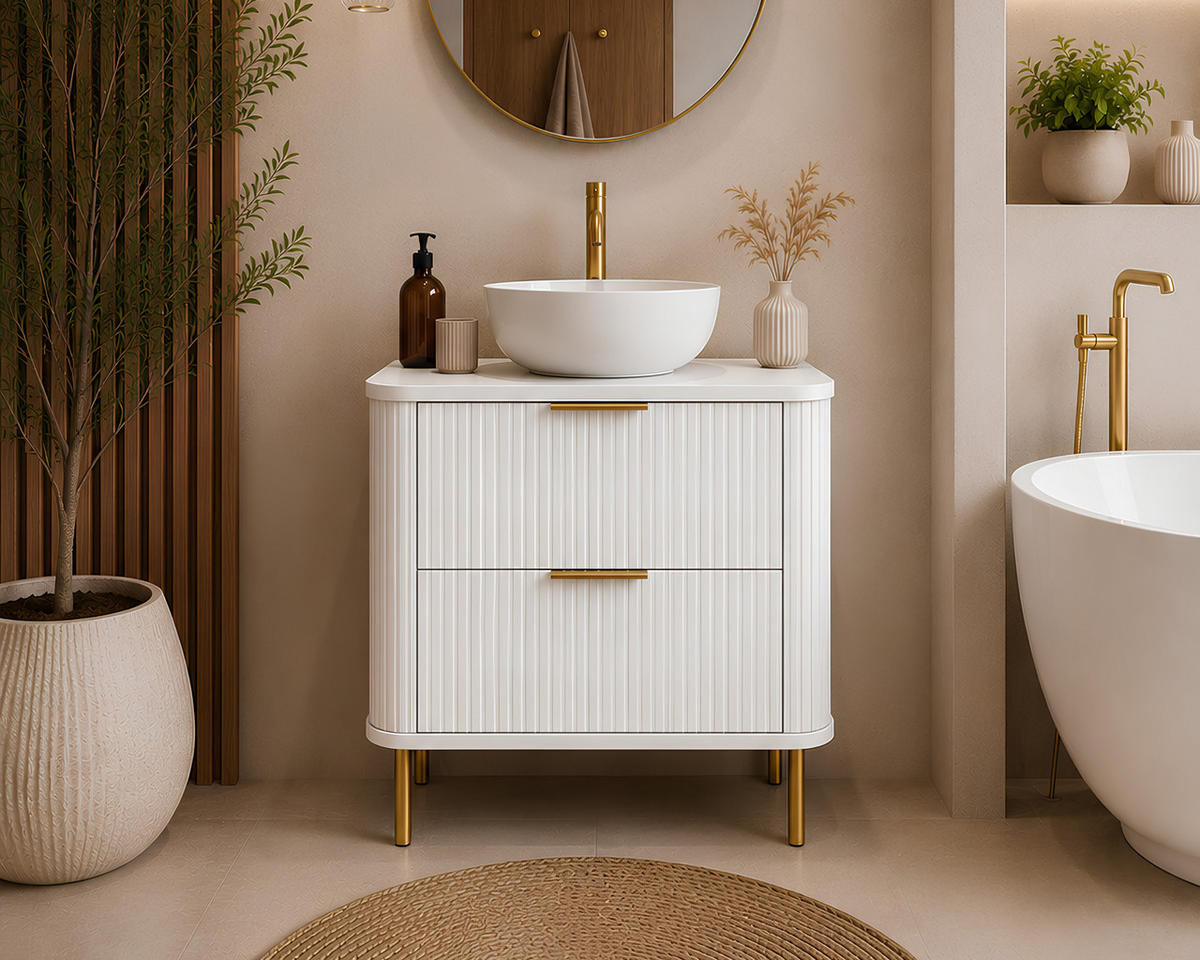 BADEZIMMERSCHRANK : Farbe Weiß, Griff gold, Füße gold, 60 x 41,5 x 66,7 cm - Goldfarben/Weiß, Holzwerkstoff (60/66.7/41.5cm) - 3XE LIVING