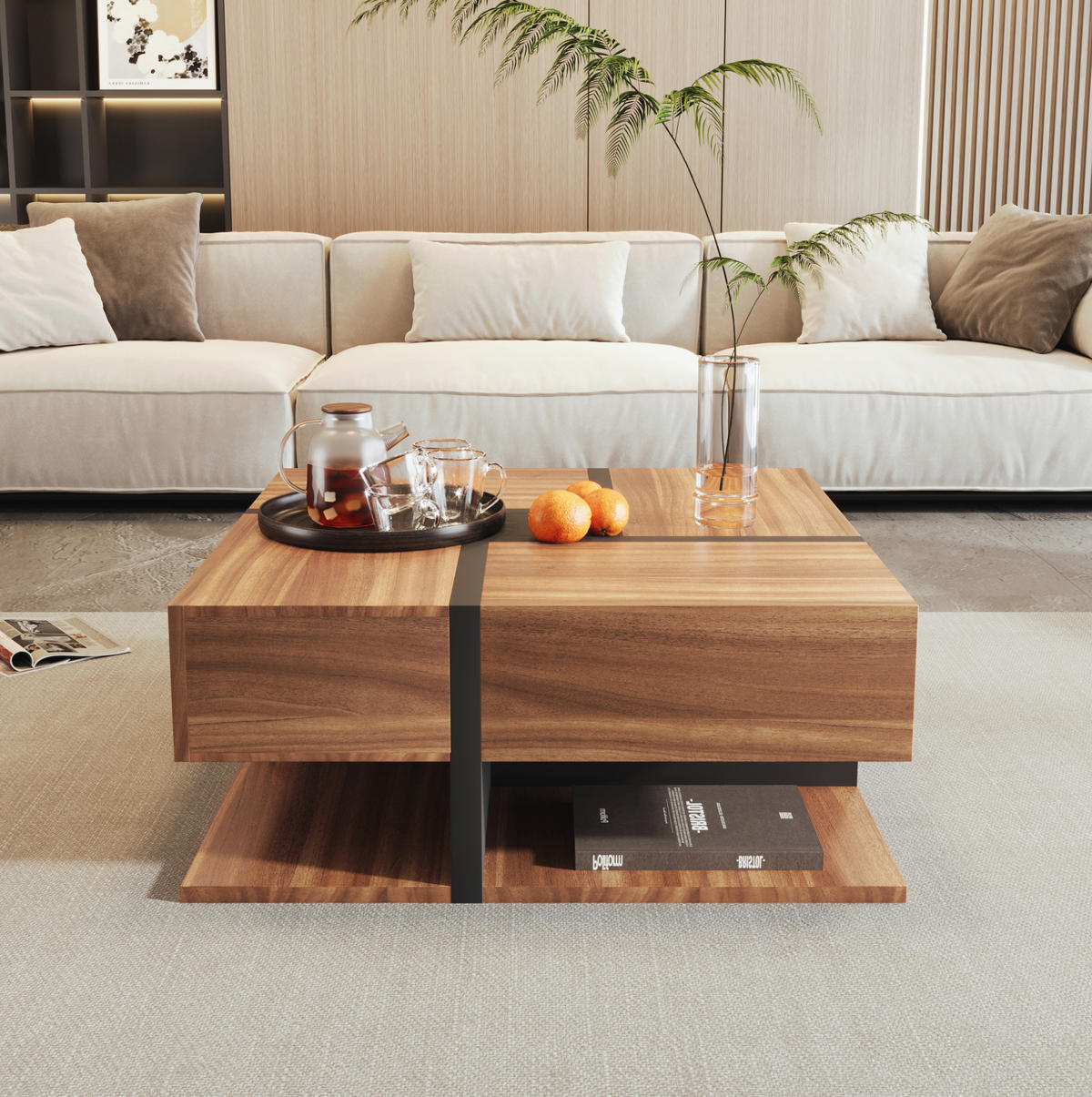 COUCHTISCH 78/78/36 cm mit 4 Schubladen und Ablage in Natur/Schwarz - Naturfarben, Holzwerkstoff (78/78/36cm) - Flora Grace