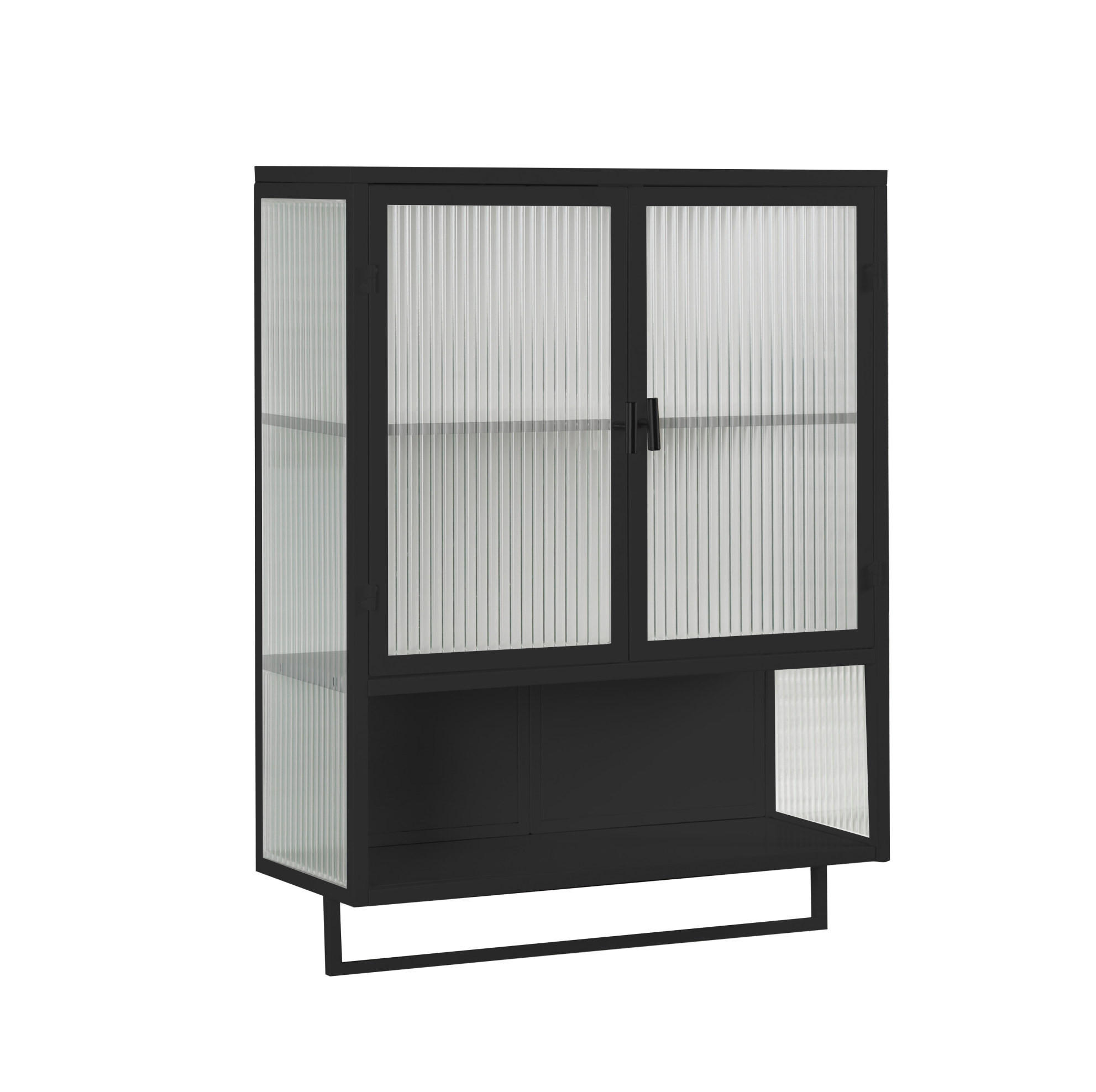 KÜCHENOBERSCHRANK 60x23x78 cm Schwarz aus Glas & Metall mit geriffeltem Glas & offenen Ablagen - Schwarz, Glas (60/78/23cm) - Modfu