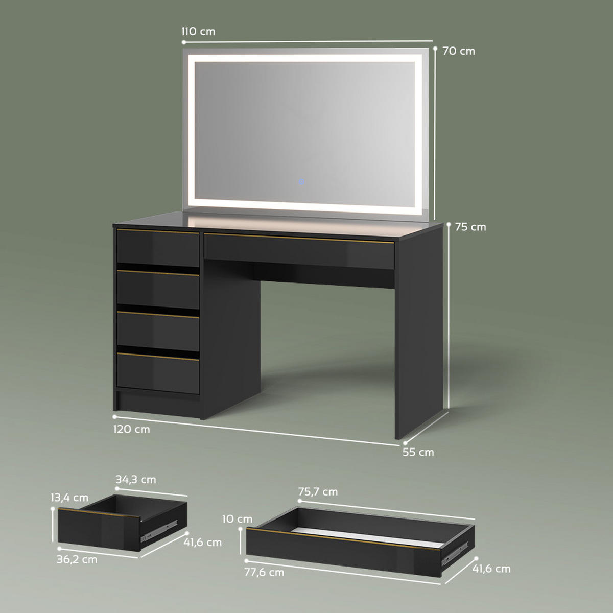 SCHMINKTISCH Imola Schwarz/Gold 120 cm mit LED-Spiegel - Goldfarben/Schwarz, Holzwerkstoff (120/75/55cm) - Livinity®