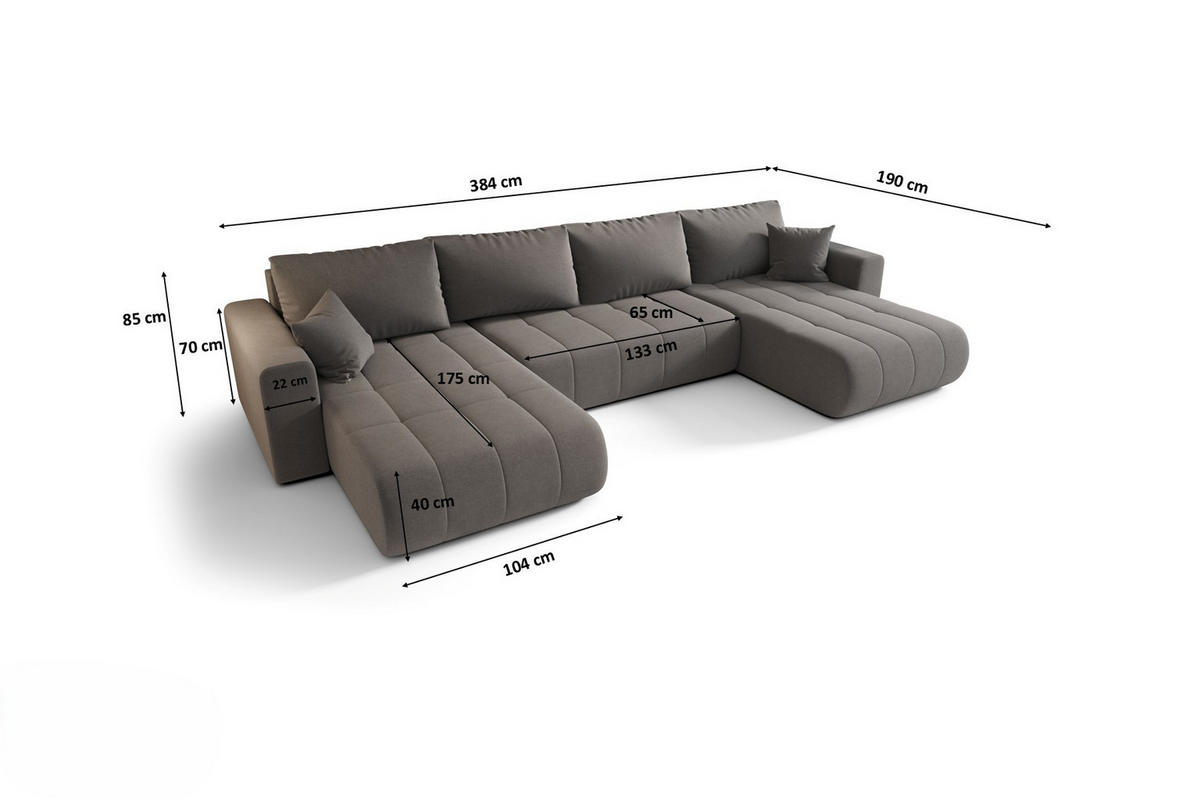 ECKSOFA mit schlaffunktion und bettkasten MILO U, stoff WIND, Stahl - Grau, Holz (384/190cm) - Kaiser Möbel
