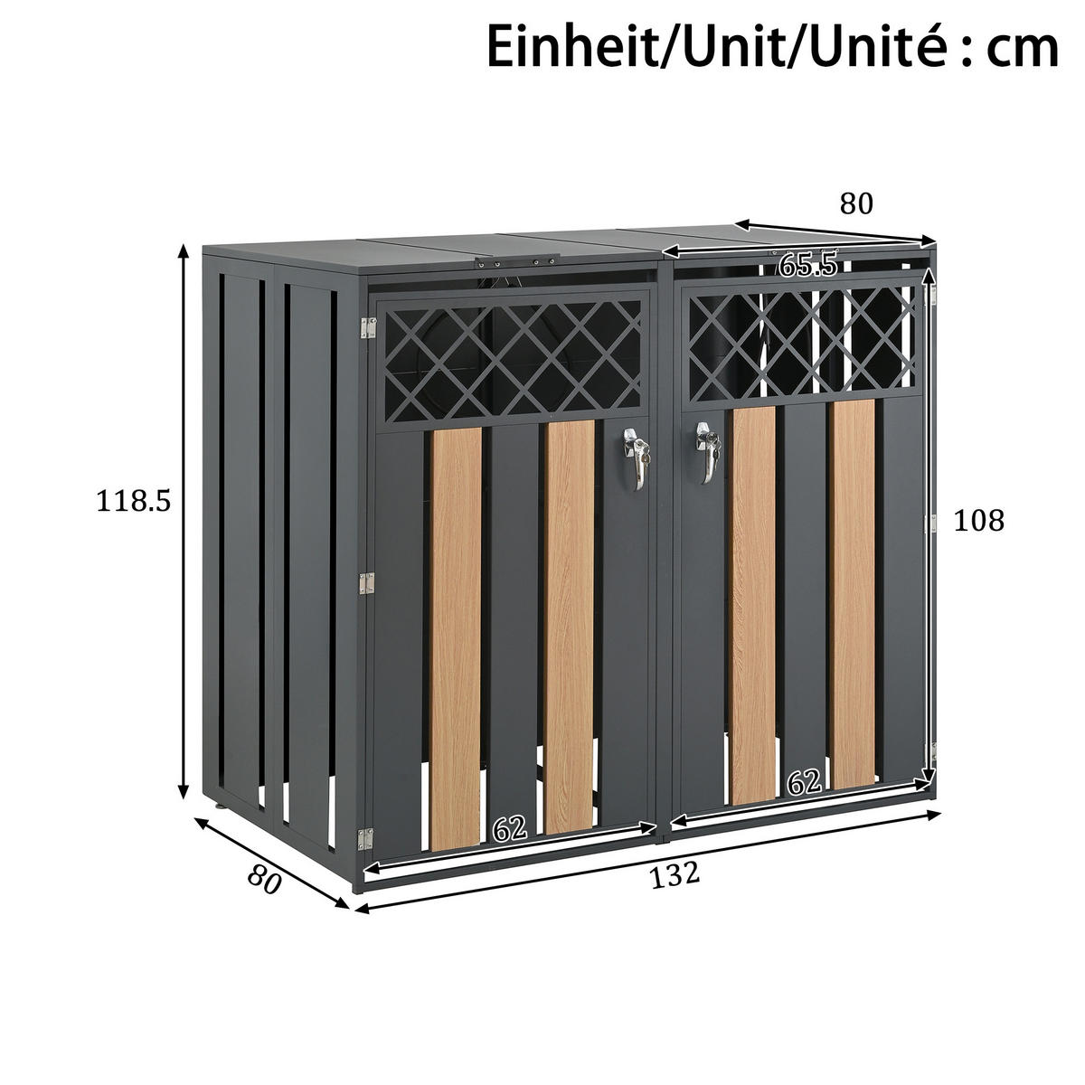 MÜLLTONNENBOX Klappdeckel 2 Türen Lüftung - Grau, Metall (132/118.5/80cm) - LEBENLANG