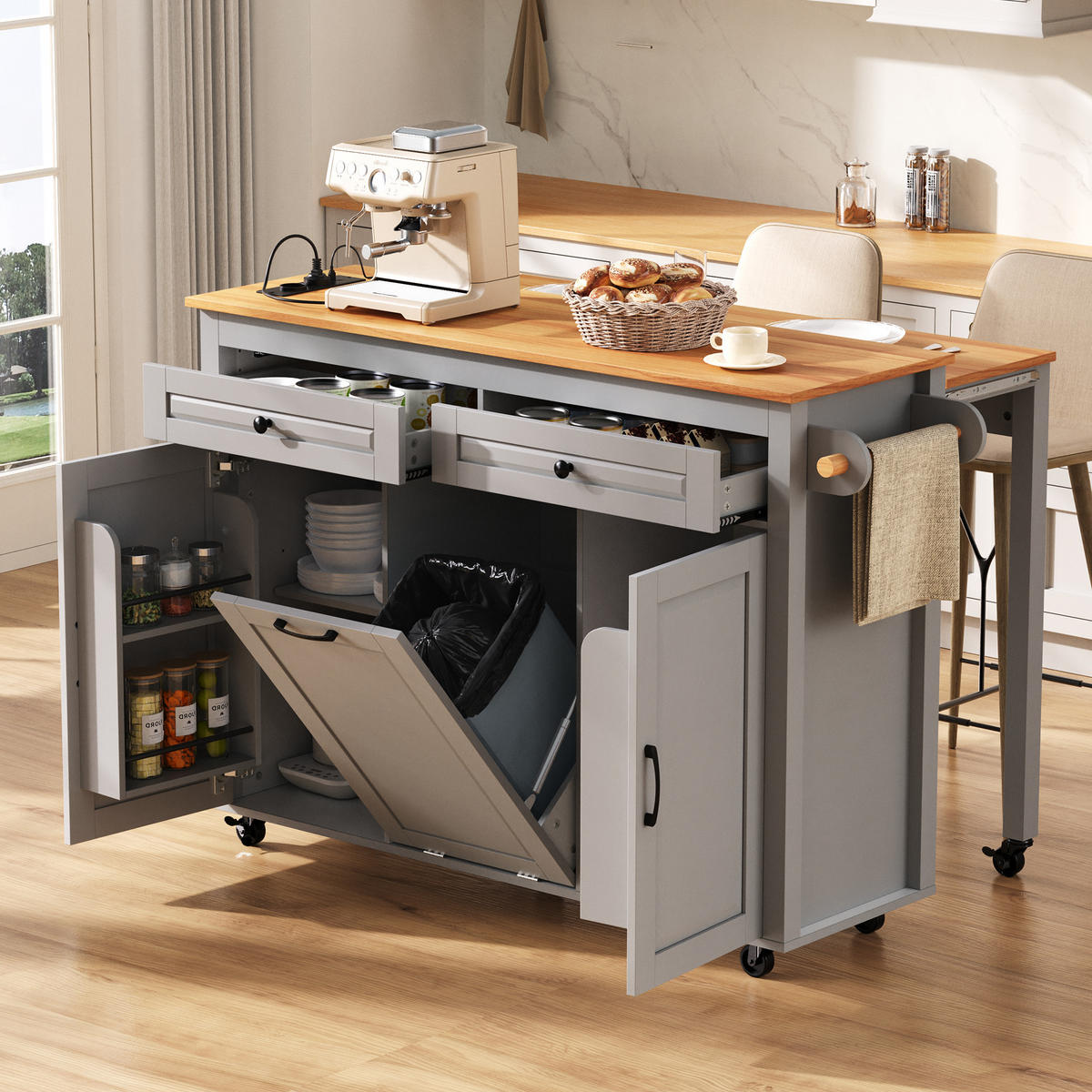 KÜCHENINSEL 120x75x92cm Grau mit Ausziehplatte,Mülleimerfach & Rollen - Grau, Holzwerkstoff (120/92/75cm) - Modfu