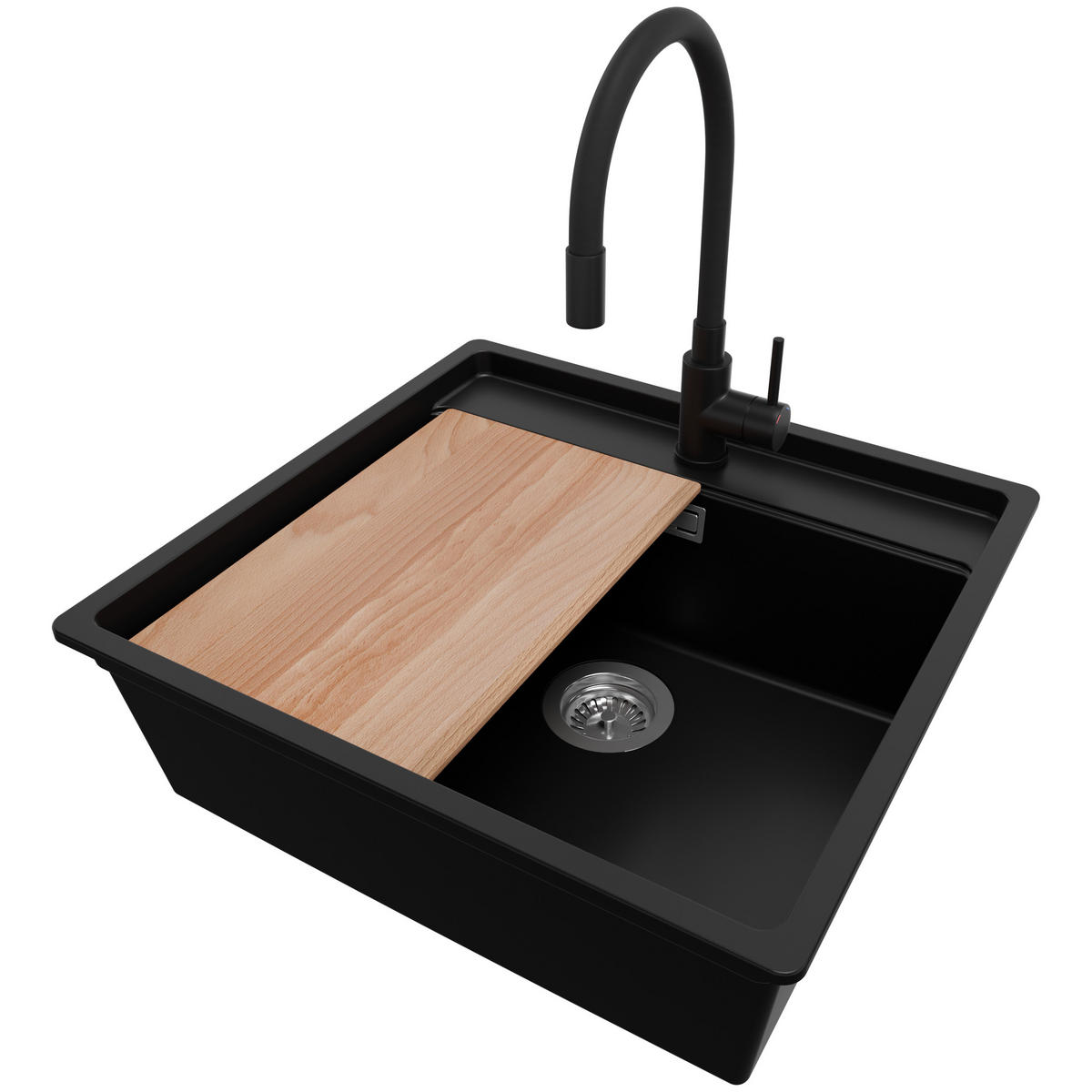 GRANITSPÜLE Bergen, 2-er set Schwarz 56/53 cm 1 Becken + Küchenarmatur 40/38 cm + Ablauf-Set + Schneidebrett ab 60er Unterschrank - Chromfarben/Beige, Kunststoff (56/20/53cm) - Primagran