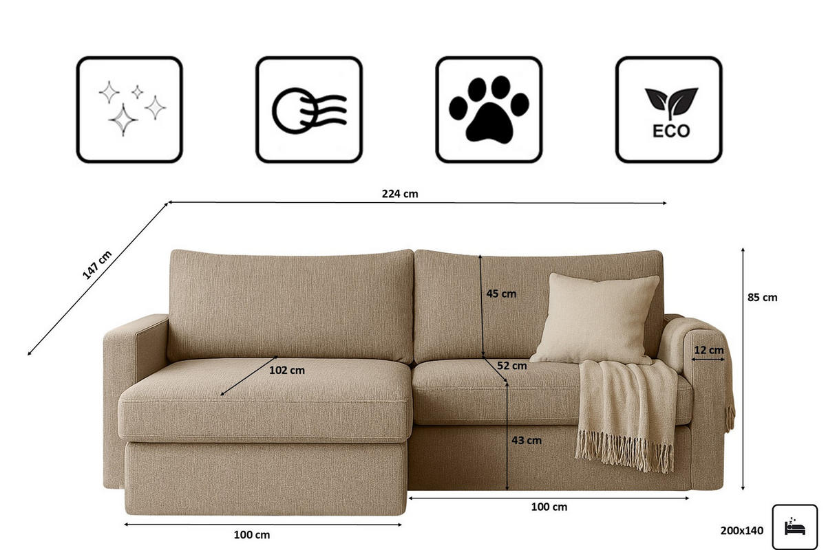 ECKSOFA Mit Schlaffunktion Und Bettzeugablage LUBEKA Stoff Faro Dunkelbeige Links - Cappuccino, Holz (140/147cm) - Kaiser Möbel