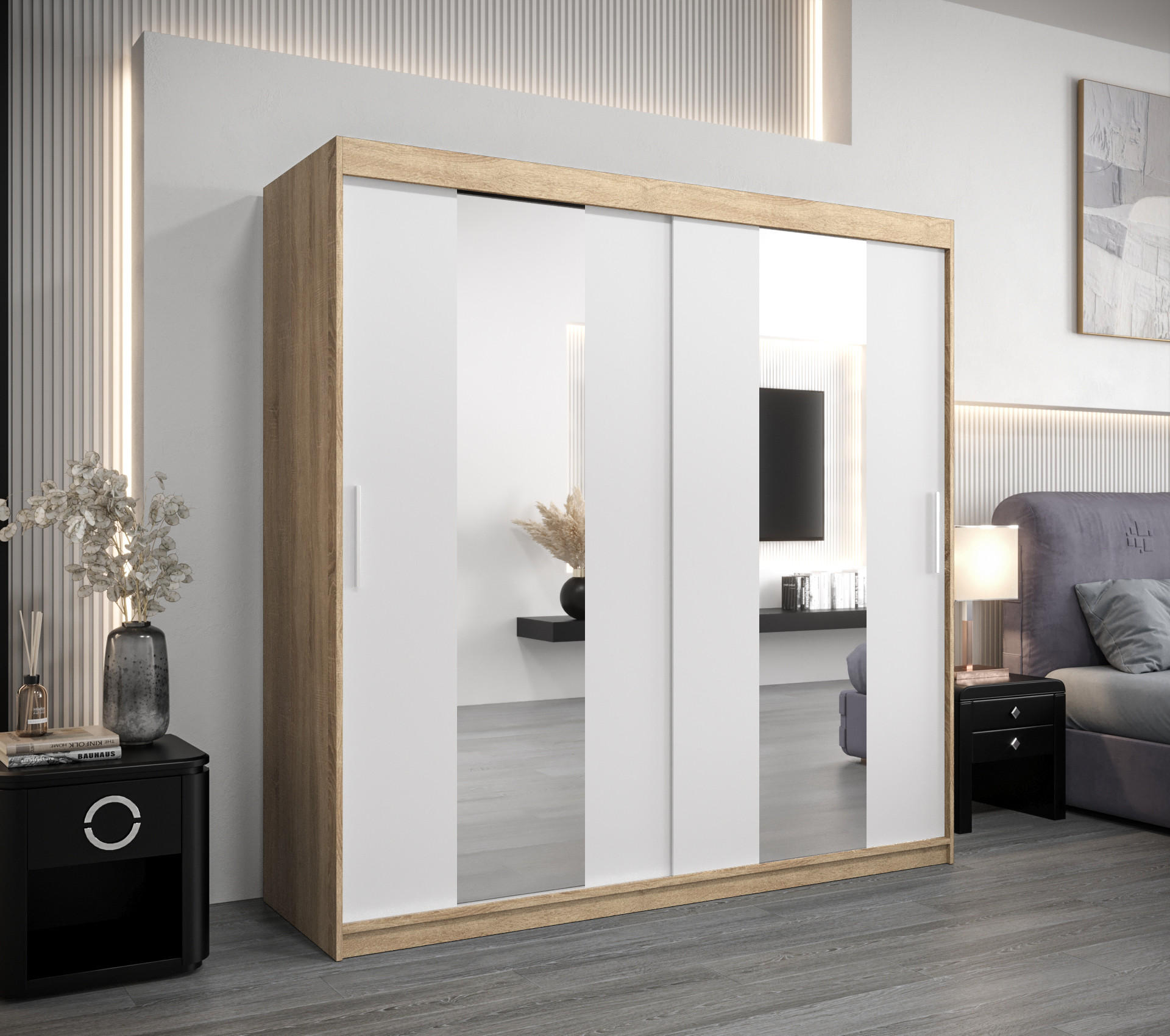 SCHWEBETÜRENSCHRANK 200/200/62 2-türig - Silberfarben/Weiß, Holz/Kunststoff (200/200/62cm) - Abiks Möbel