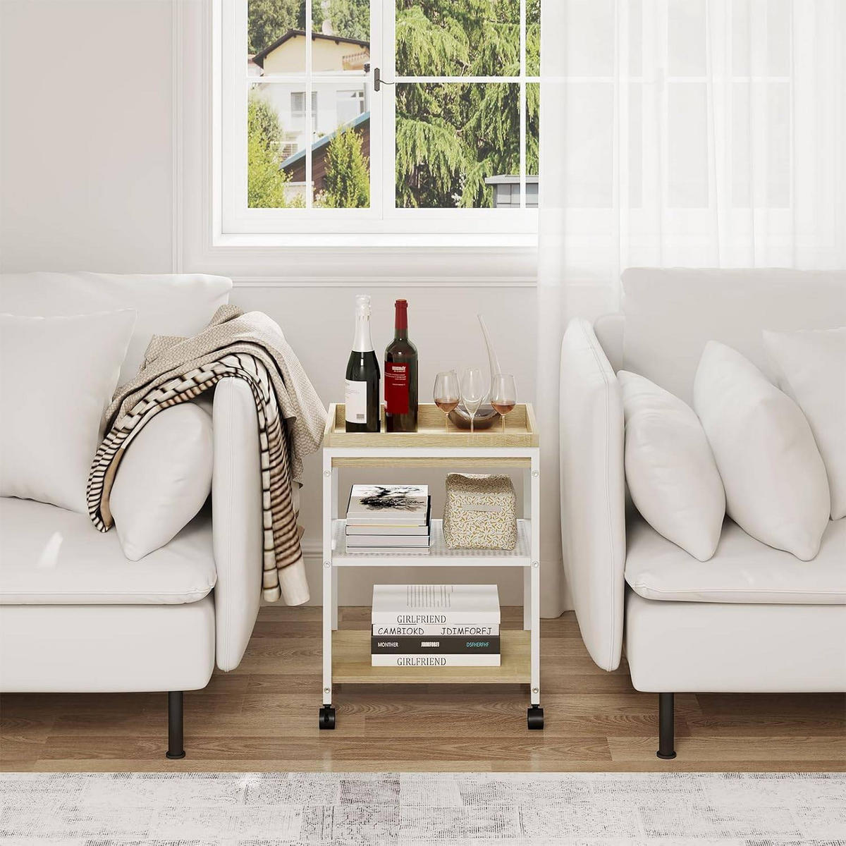 BEISTELLTISCH, mit Rollen, 3 Ablagen 1 abnehmbares Tablett - Hellbraun/Schwarz, Holzwerkstoff/Metall (28.5/41.5/51.5cm) - Woltu