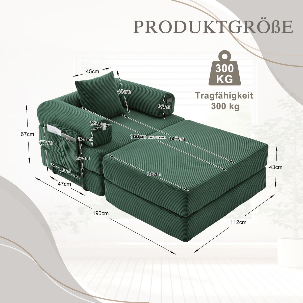 SOFA Cord Smaragdgrün mit Hocker und Kissen - Smaragdgrün, Textil/Metall (112/67/190cm) - WISHDOR